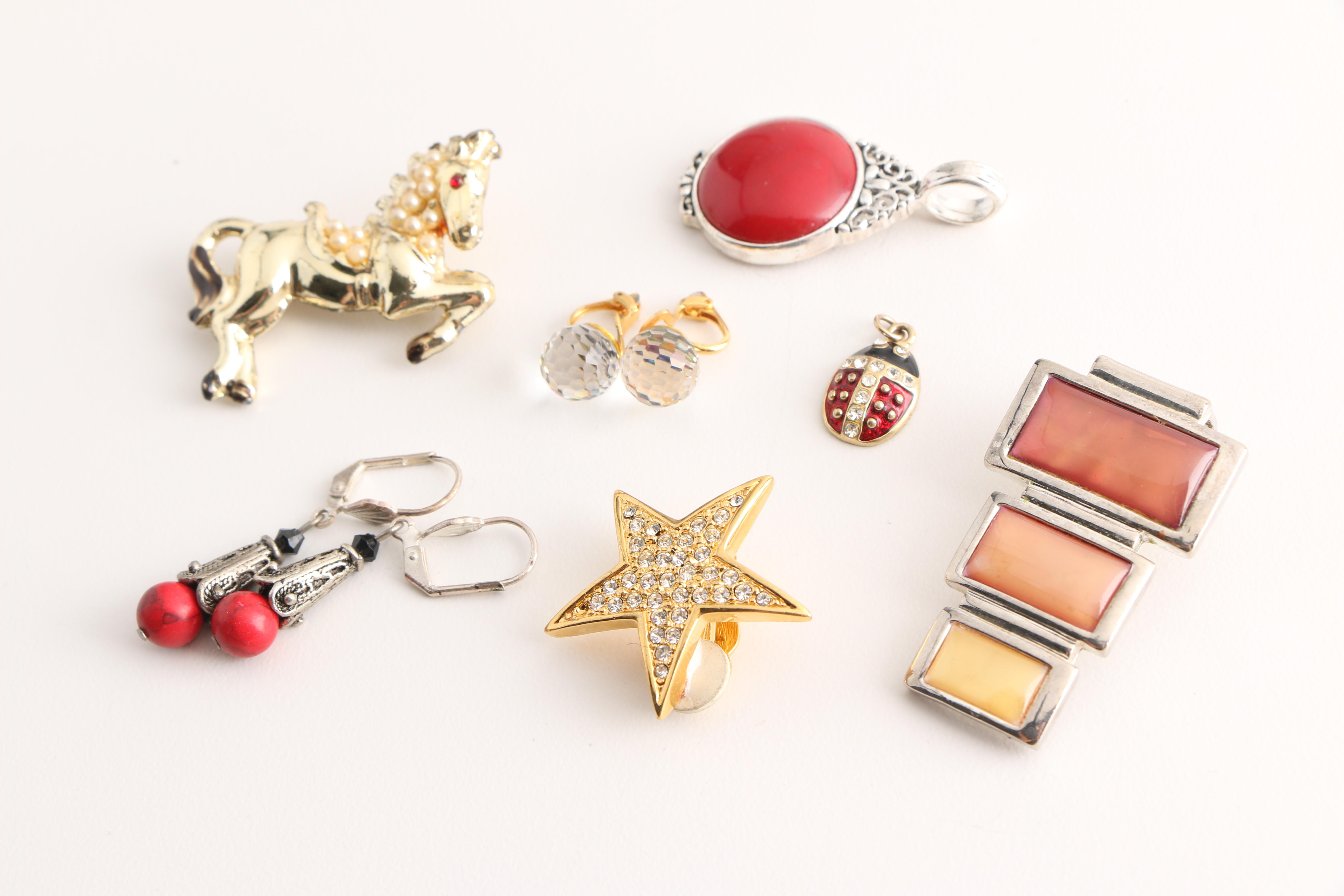 Assorted Costume Jewelry Including Chinese Lacquer and Red Jasper