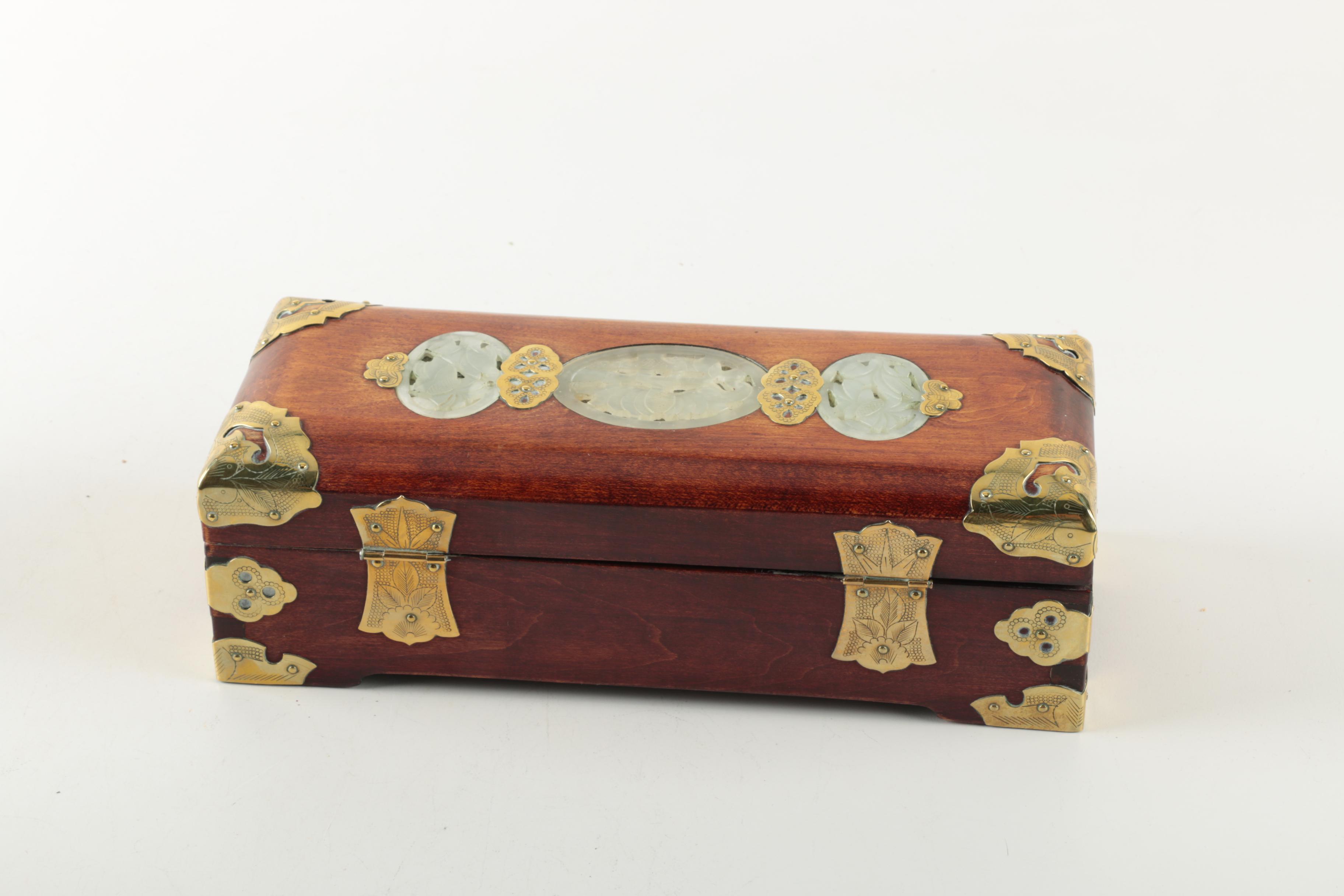 Chinese Jewelry Box with Carved Bowenite Accents