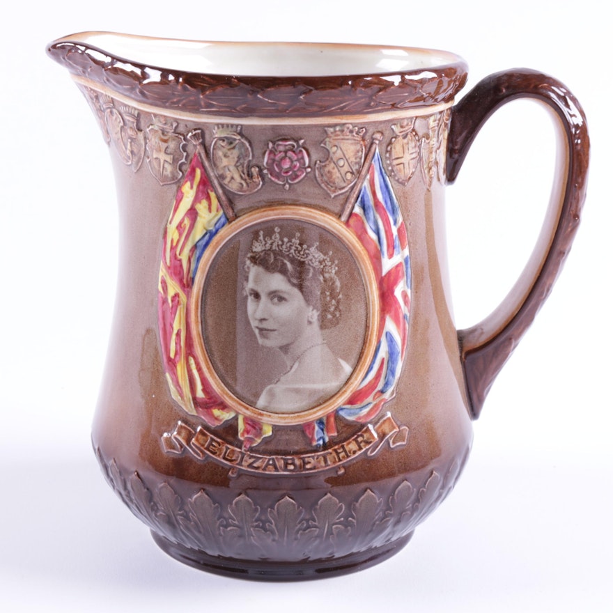 1953 Royal Doulton Queen Elizabeth II Coronation Commemorative Stoneware Pitcher