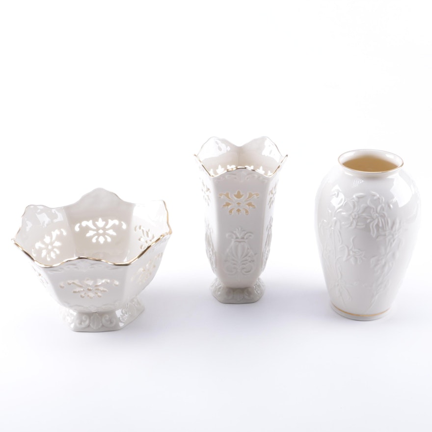 Lenox White Vases with Reticulated Pieces