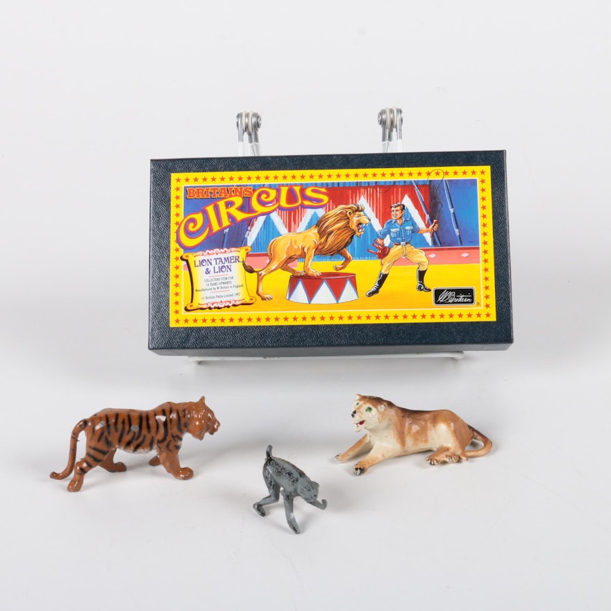 Circus Lion Tamer and Lion with Other Animal Figurines by Britains