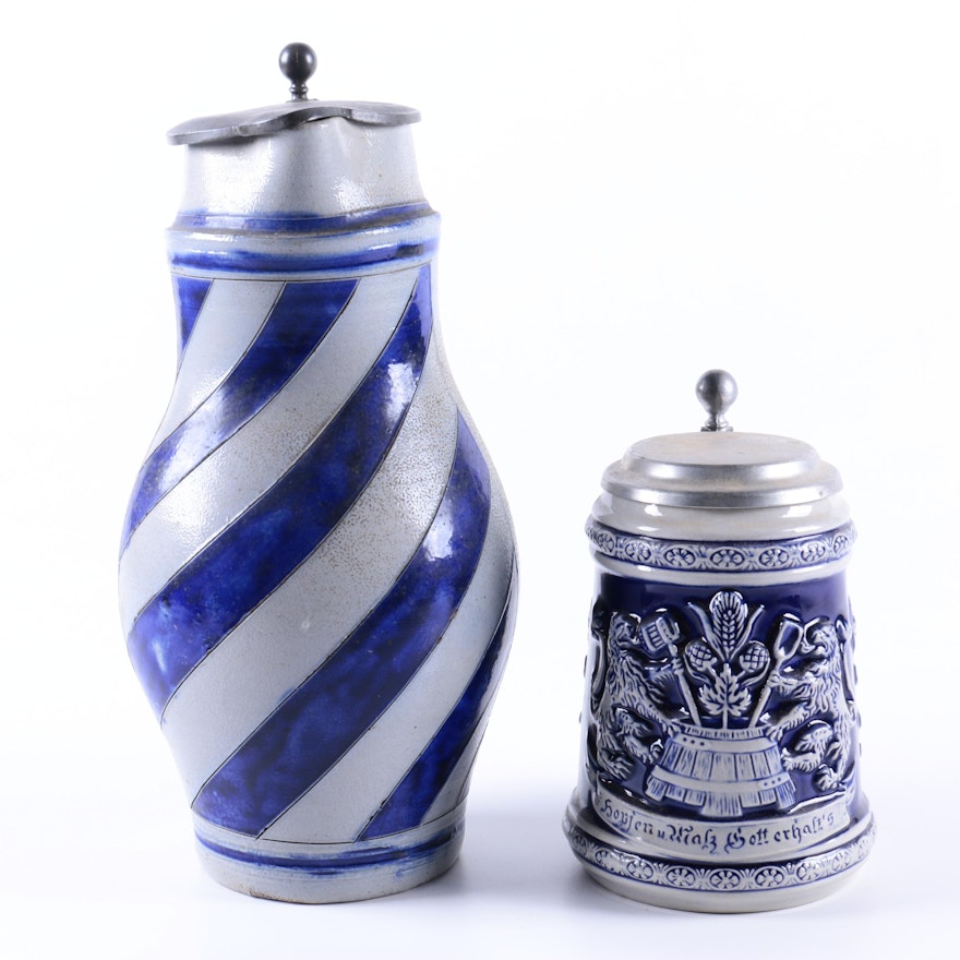 Pair of Blue and White Ceramic Steins