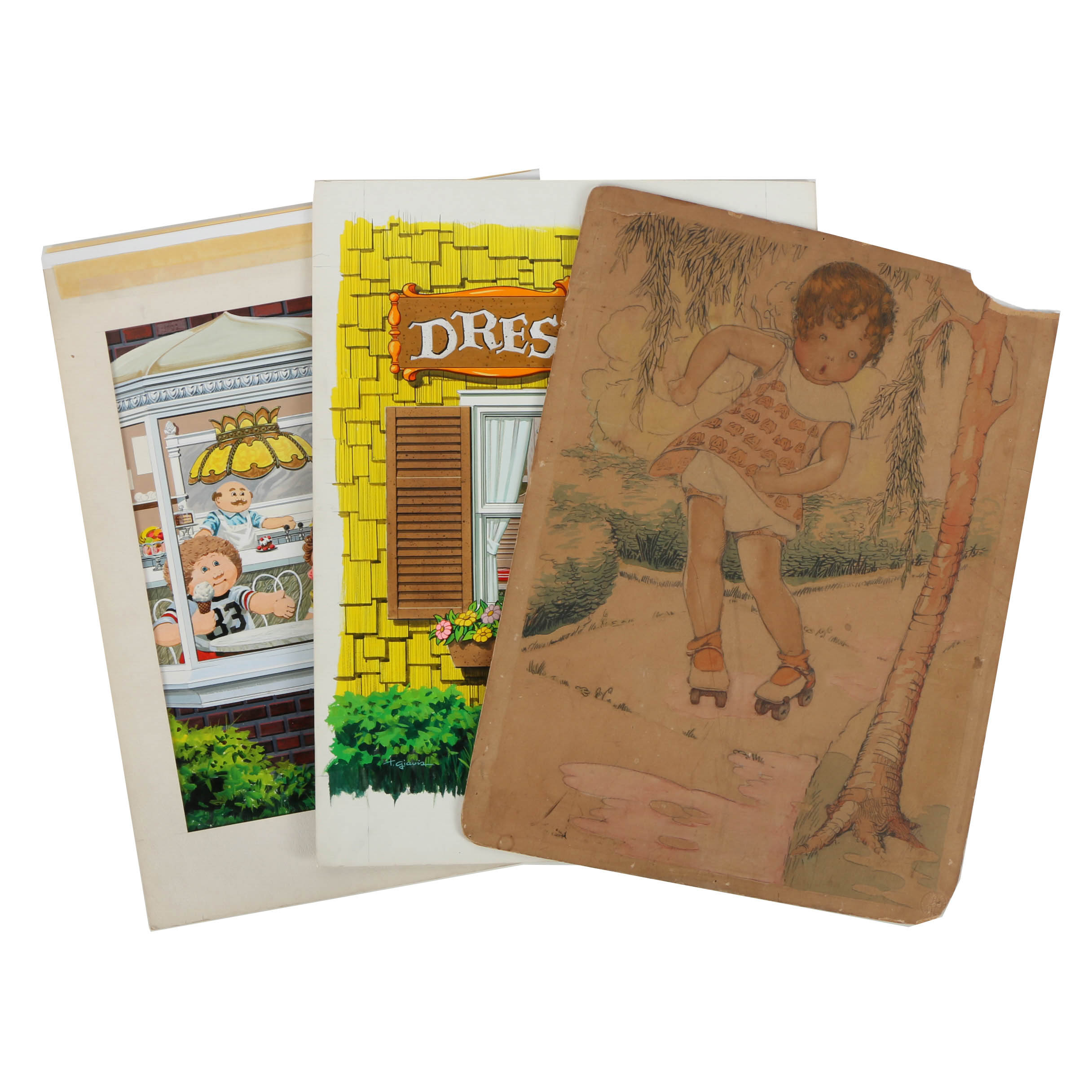 Assortment of Ted Giavis and Other Mixed Media Paintings of Young Children