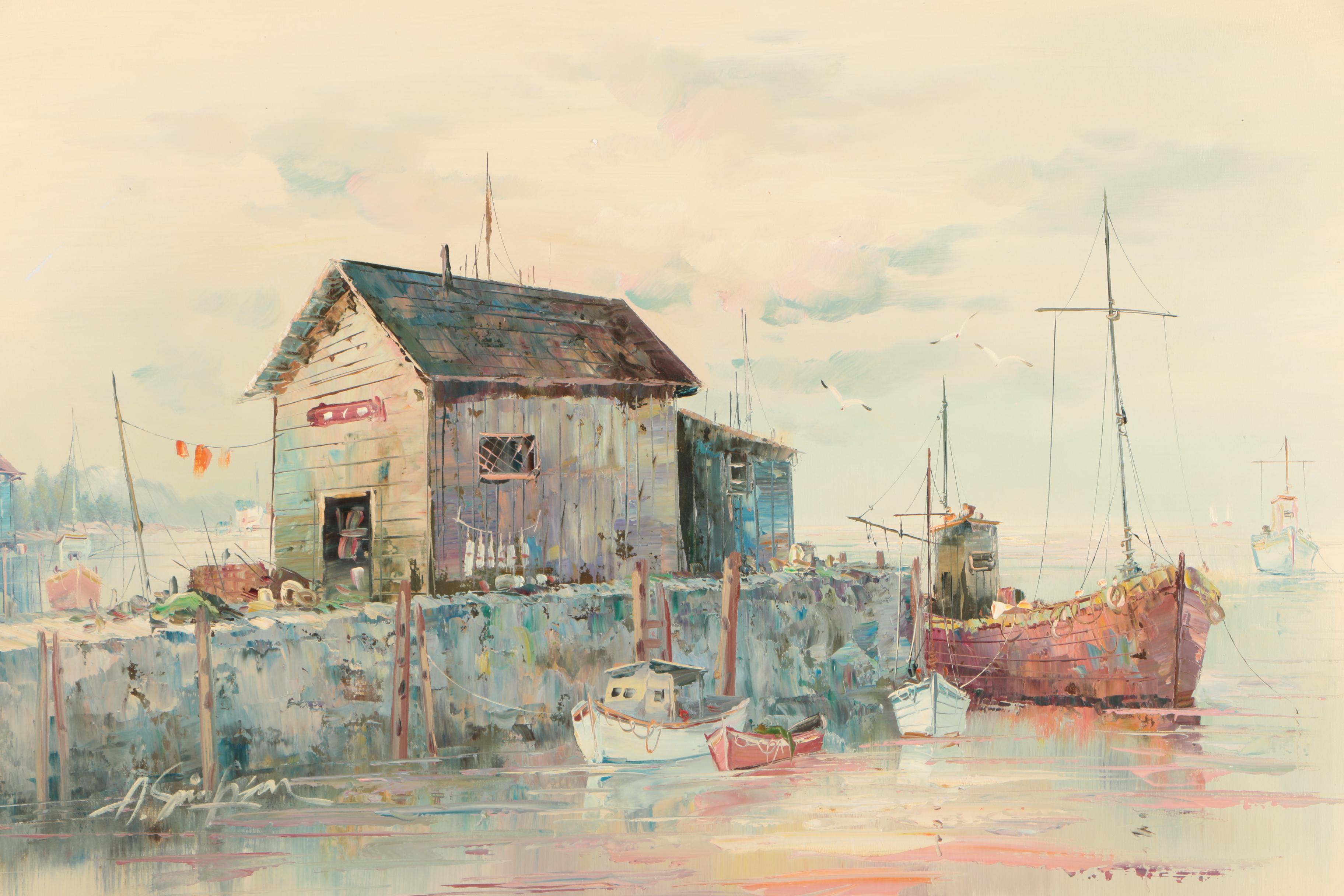 A. Simpson Oil Painting of Harbor