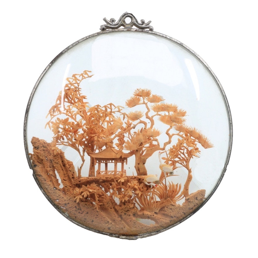 Chinese Carved Cork Landscape In Glass