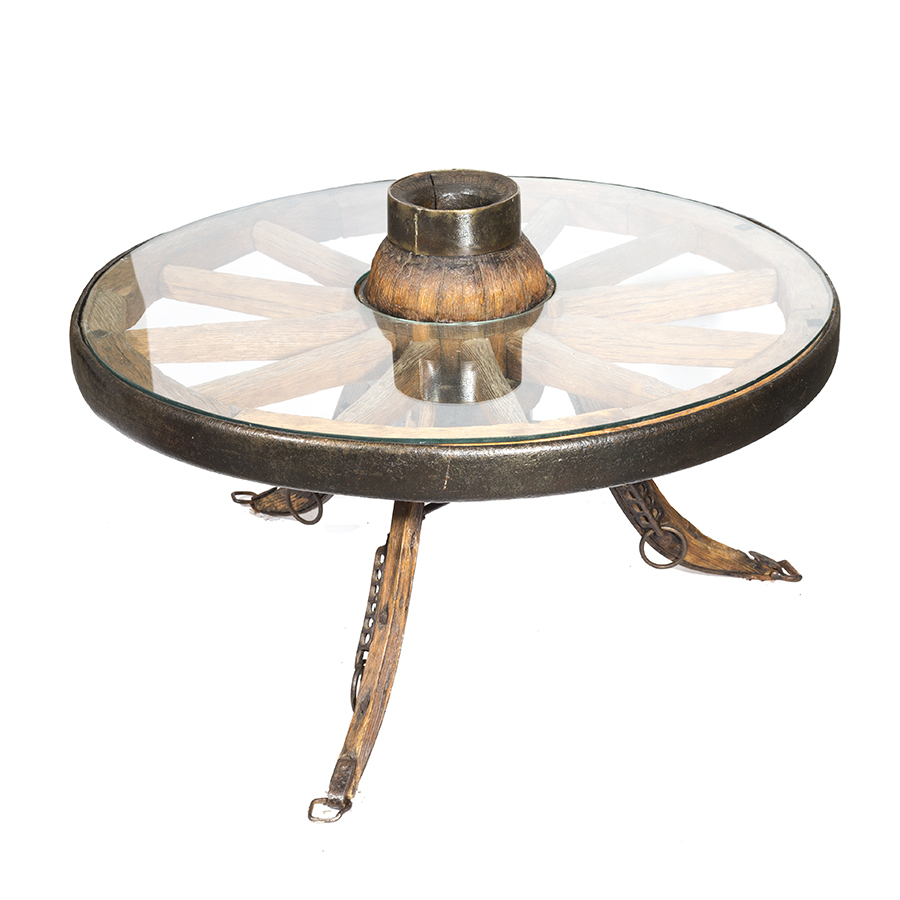 Vintage Decorative Glass Top Wagon Wheel Accent Table