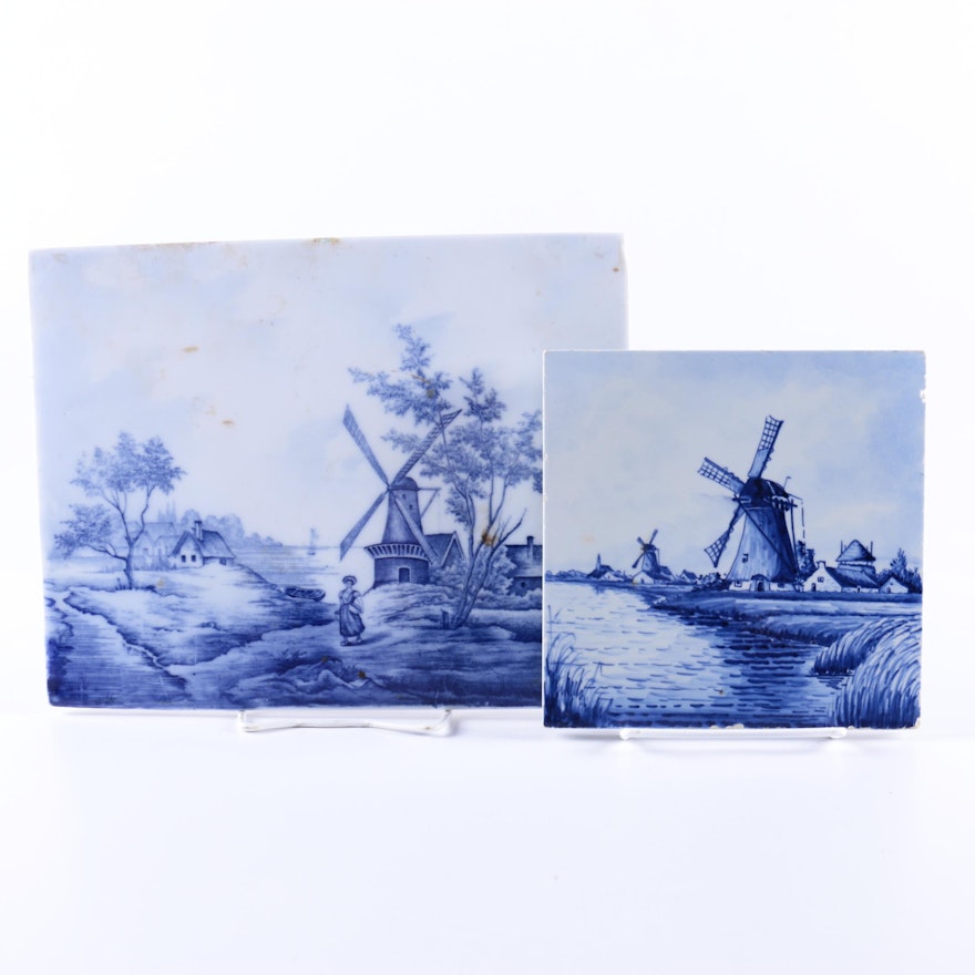 Blue and White Delft Windmill Tiles Including Antique Rosenthal