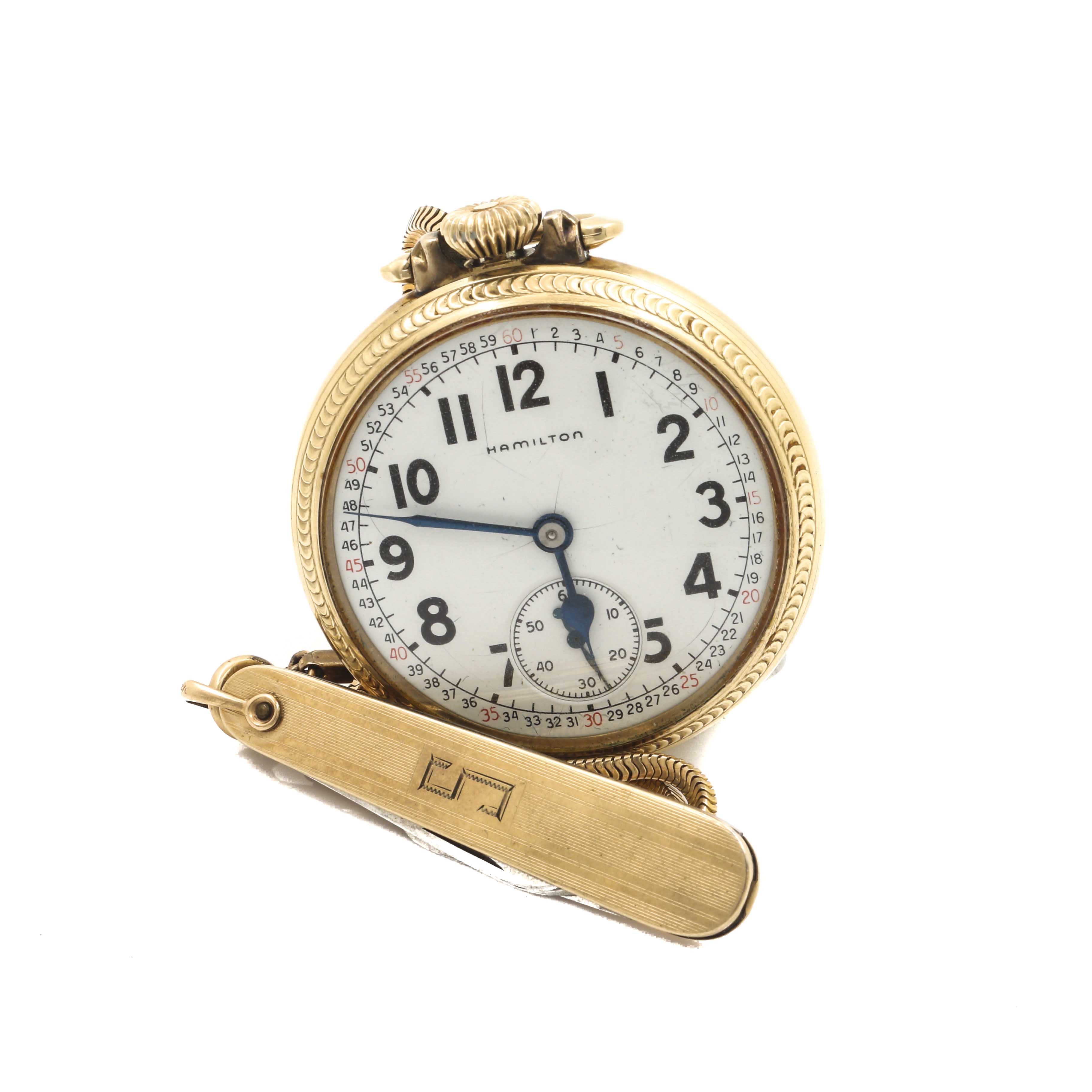 Hamilton 10K Gold Filled Pocket Watch, Fob and Pocket Knife