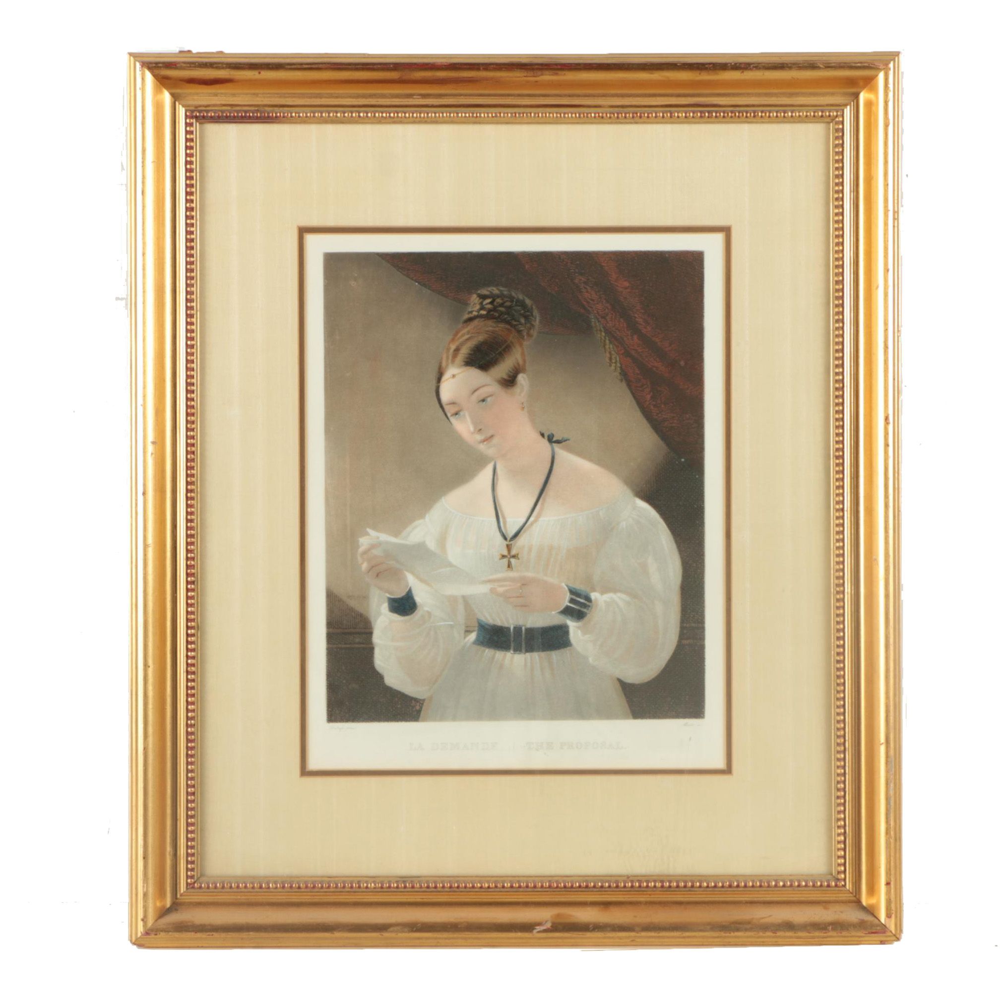 Maile Hand Colored Mezzotint "The Proposal" After Claude-Marie Dubufe