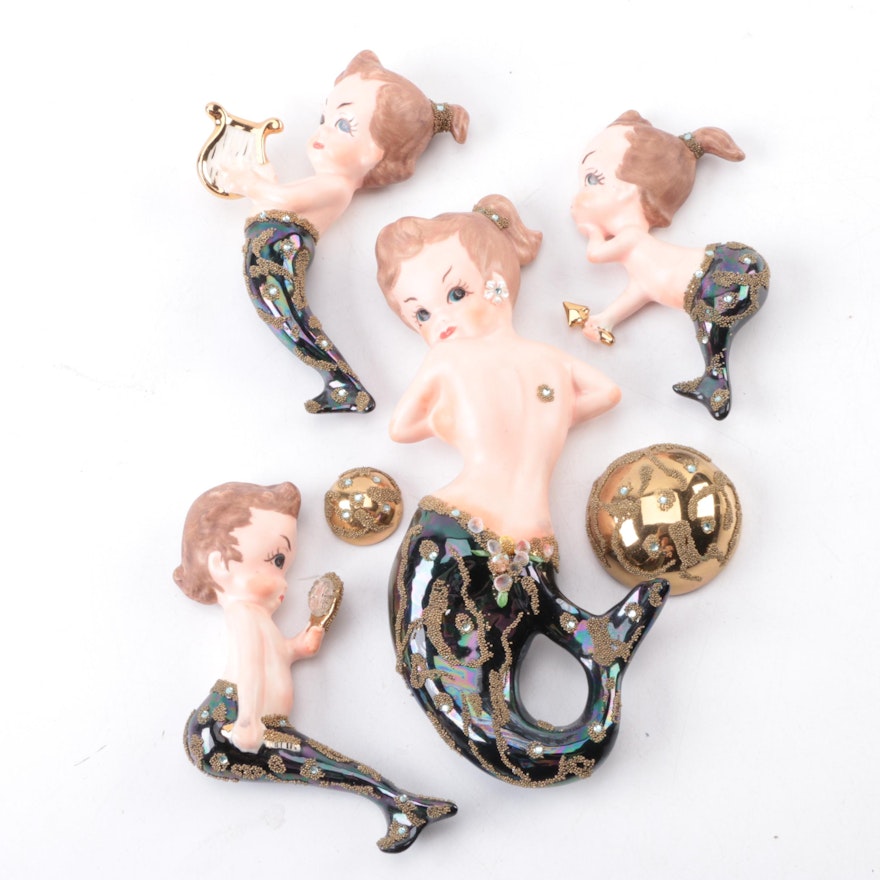 Set of Vintage Handpainted Ceramic Mermaid Decor