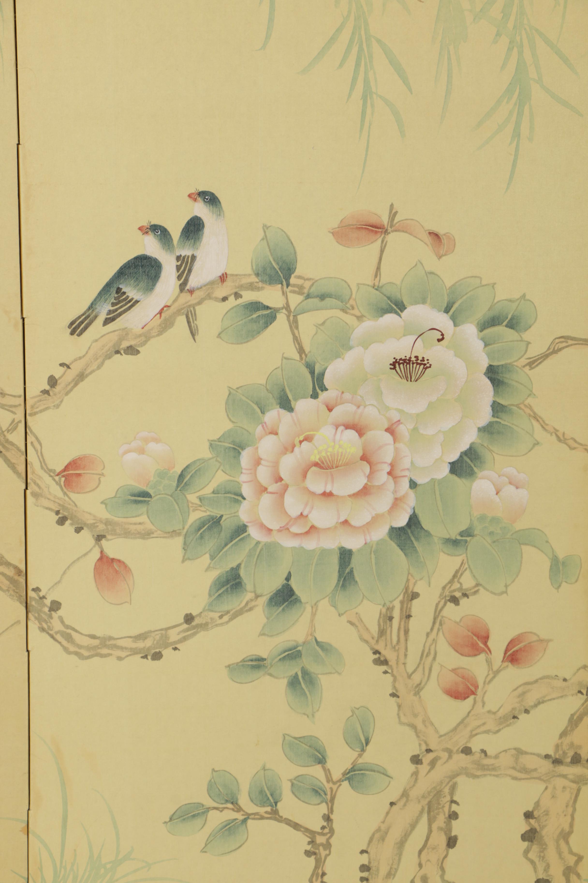 Chinese Four-Panel Folding Screen with Painted Bird and Flower Imagery