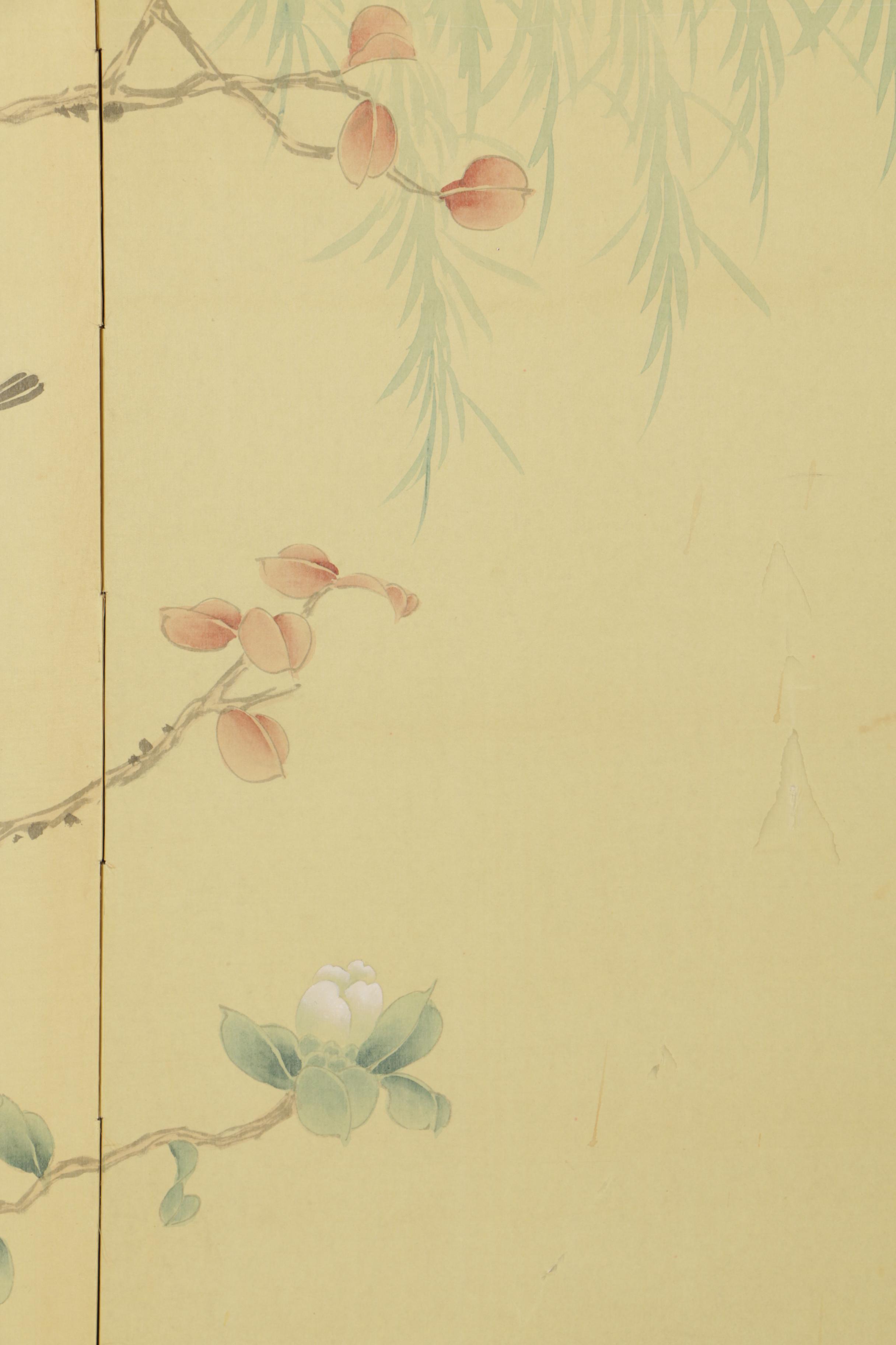 Chinese Four-Panel Folding Screen with Painted Bird and Flower Imagery