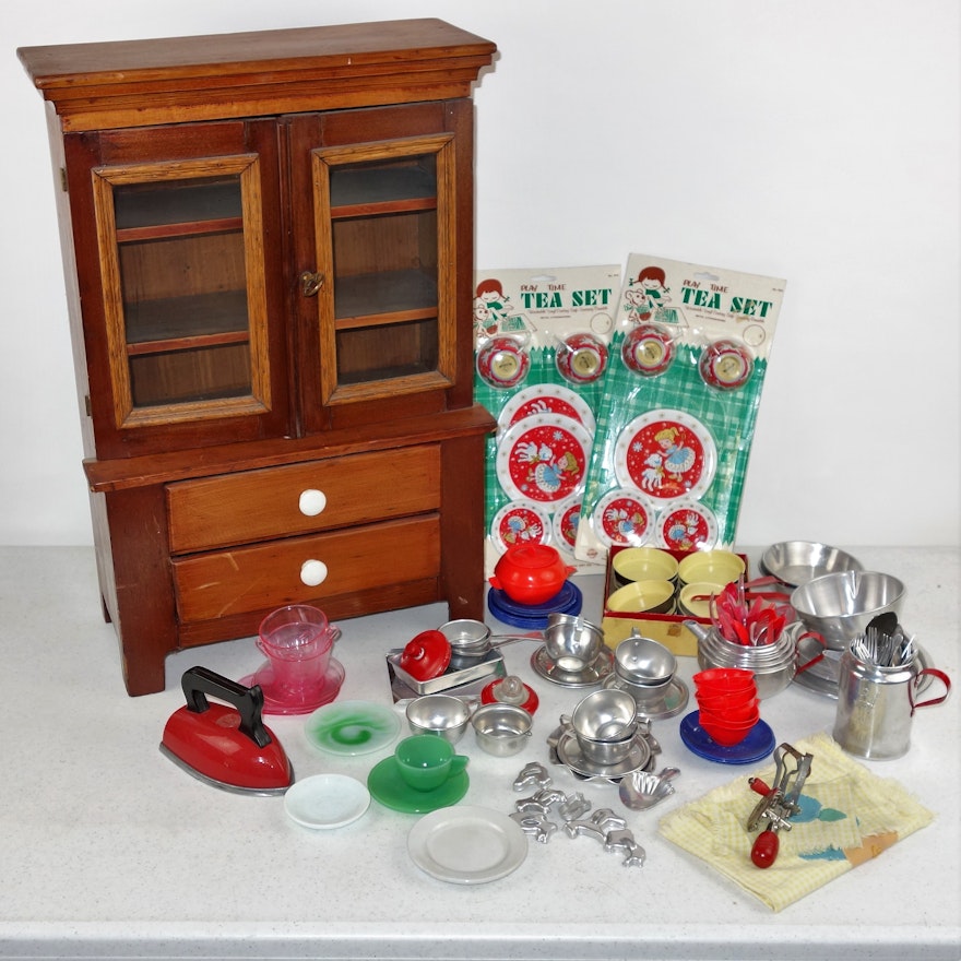 Child's Vintage Wood China Cabinet and Play Dishes