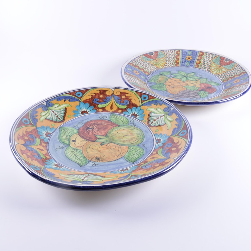 Pair of Hand-Painted Fruit Themed Stoneware Plates