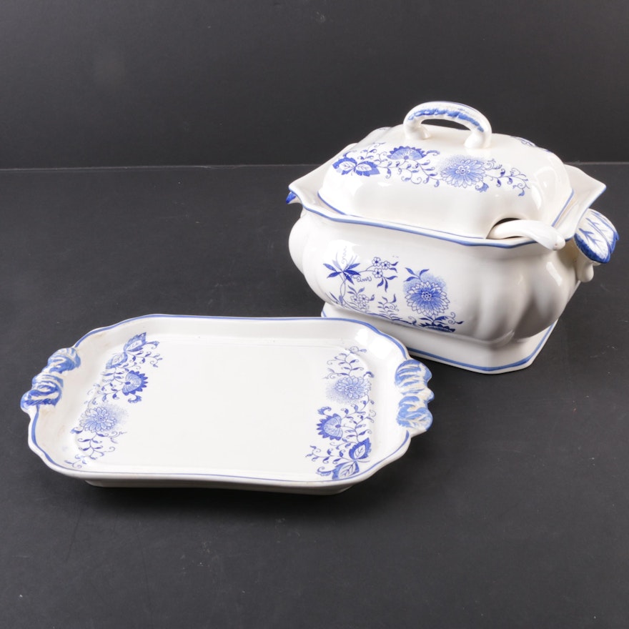 Ceramic Lidded Soup Tureen, Under Plate and Ladle