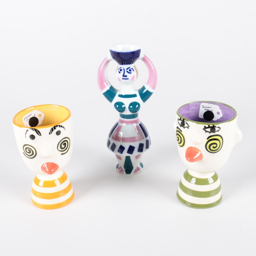 Hand-Painted Spanish Ceramic Vase and Hand-Painted Egg Cups