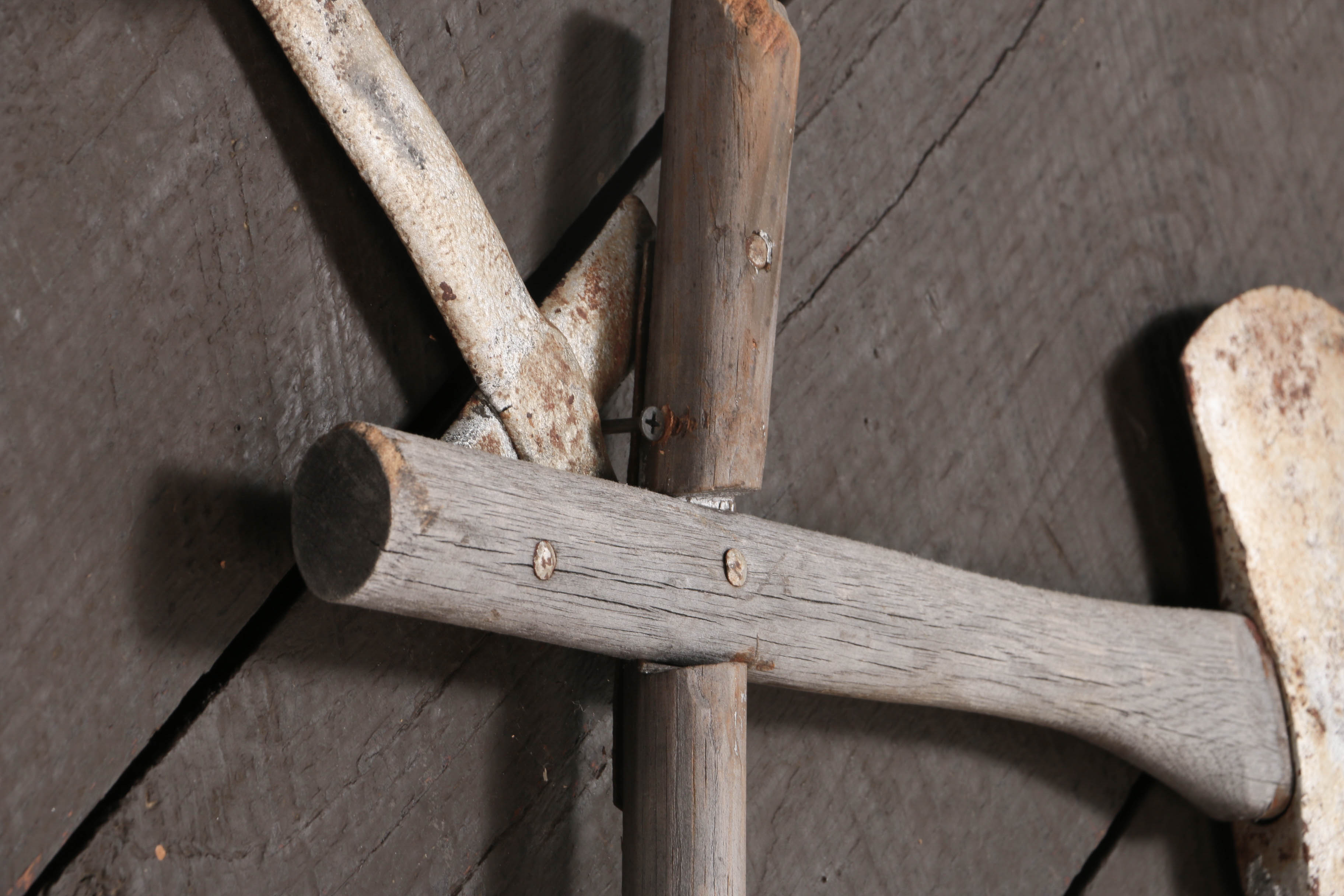 Vintage Decorative Wood Gate with Axe & Hammer Embellishments