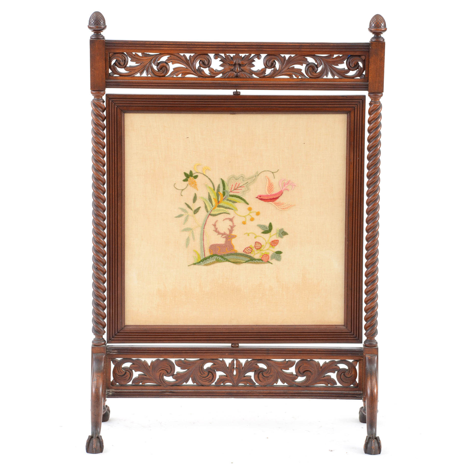 Antique Victorian Carved Mahogany Fire Screen with Embroidered, Swiveling Panel