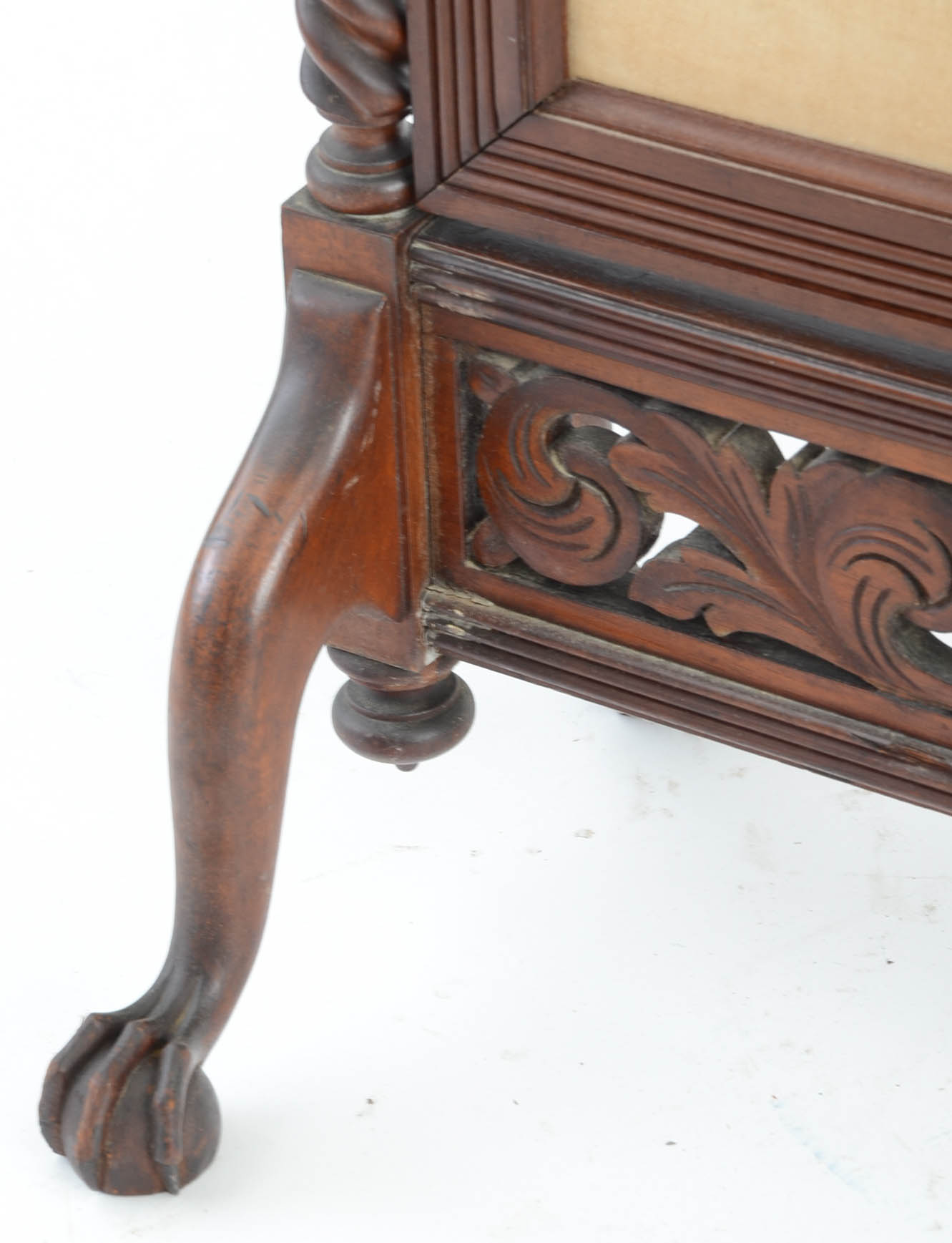 Antique Victorian Carved Mahogany Fire Screen with Embroidered, Swiveling Panel