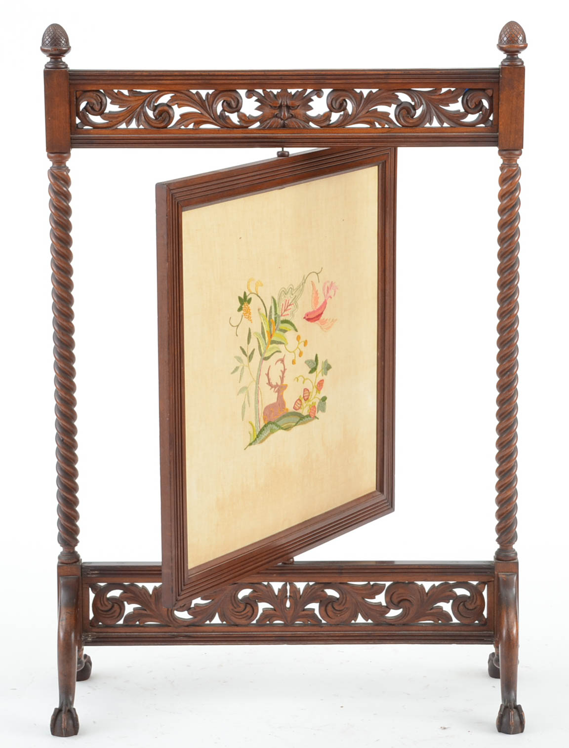 Antique Victorian Carved Mahogany Fire Screen with Embroidered, Swiveling Panel