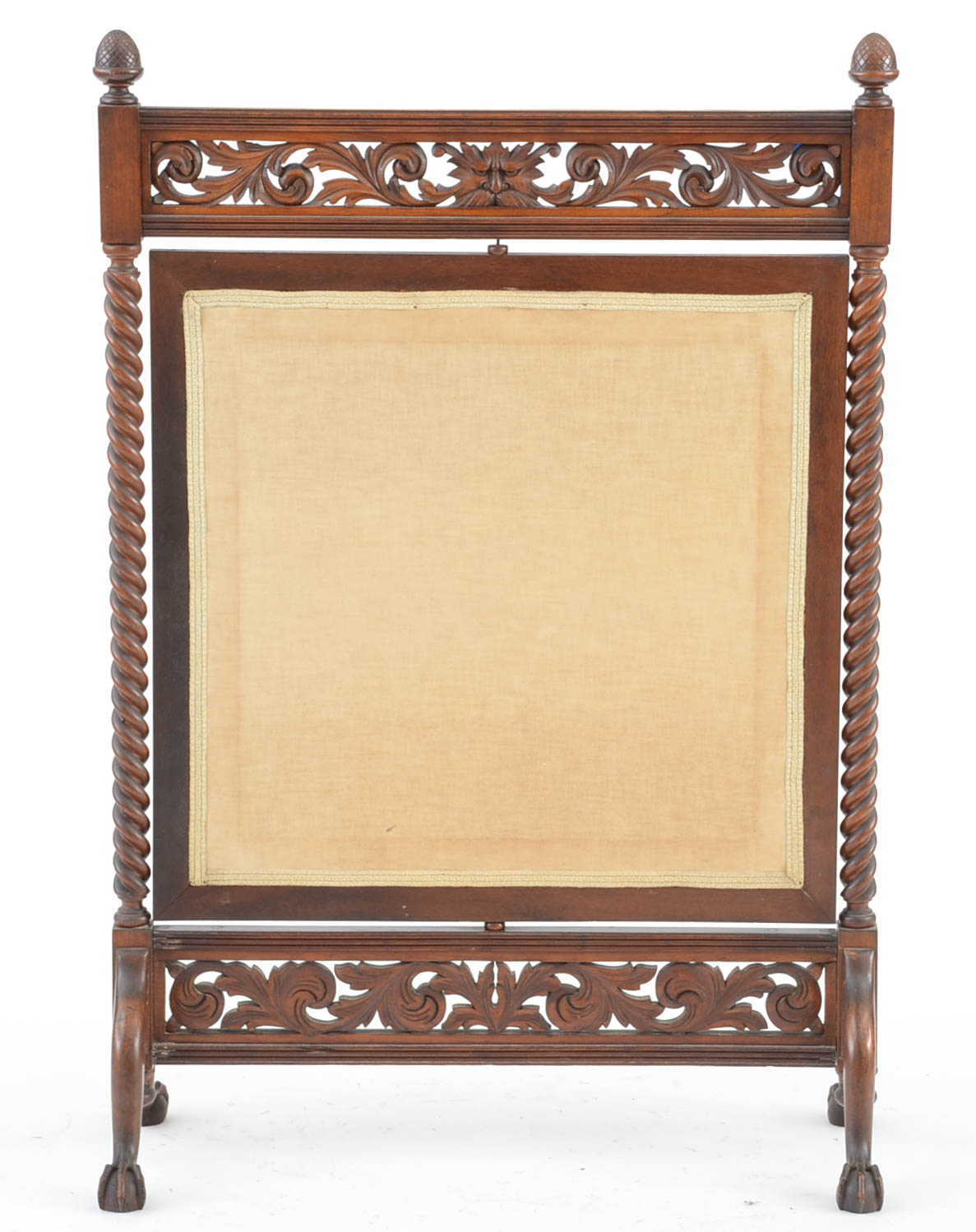 Antique Victorian Carved Mahogany Fire Screen with Embroidered, Swiveling Panel