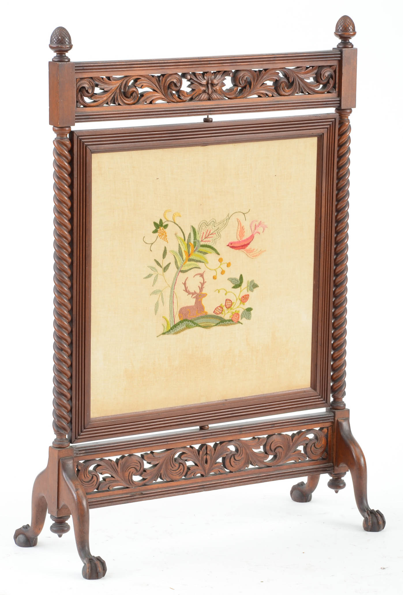 Antique Victorian Carved Mahogany Fire Screen with Embroidered, Swiveling Panel