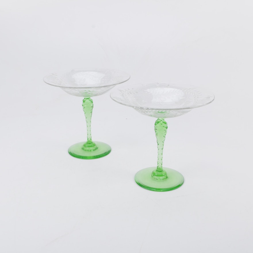 Pair of Victorian Era Etched Vaseline Glass Compotes