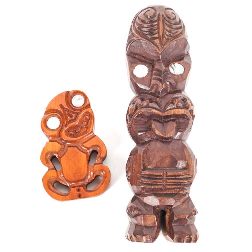 Two Maori Style Carved Wood Sculptures with Mother of Pearl Eyes