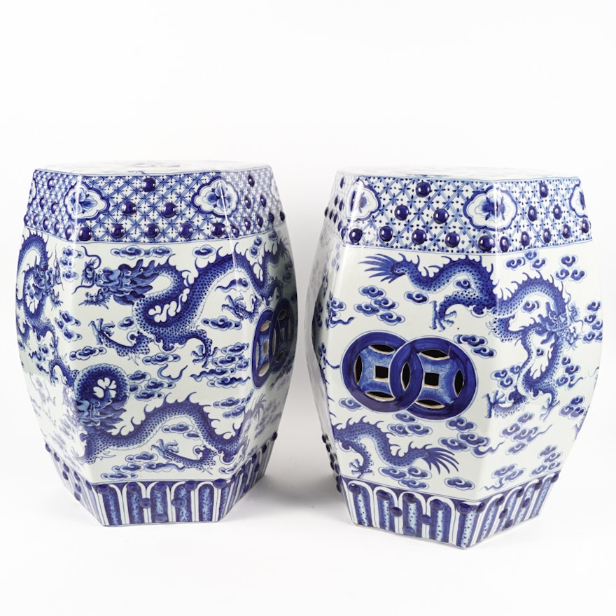 Chinese Blue and White Ceramic Dragon Garden Stools