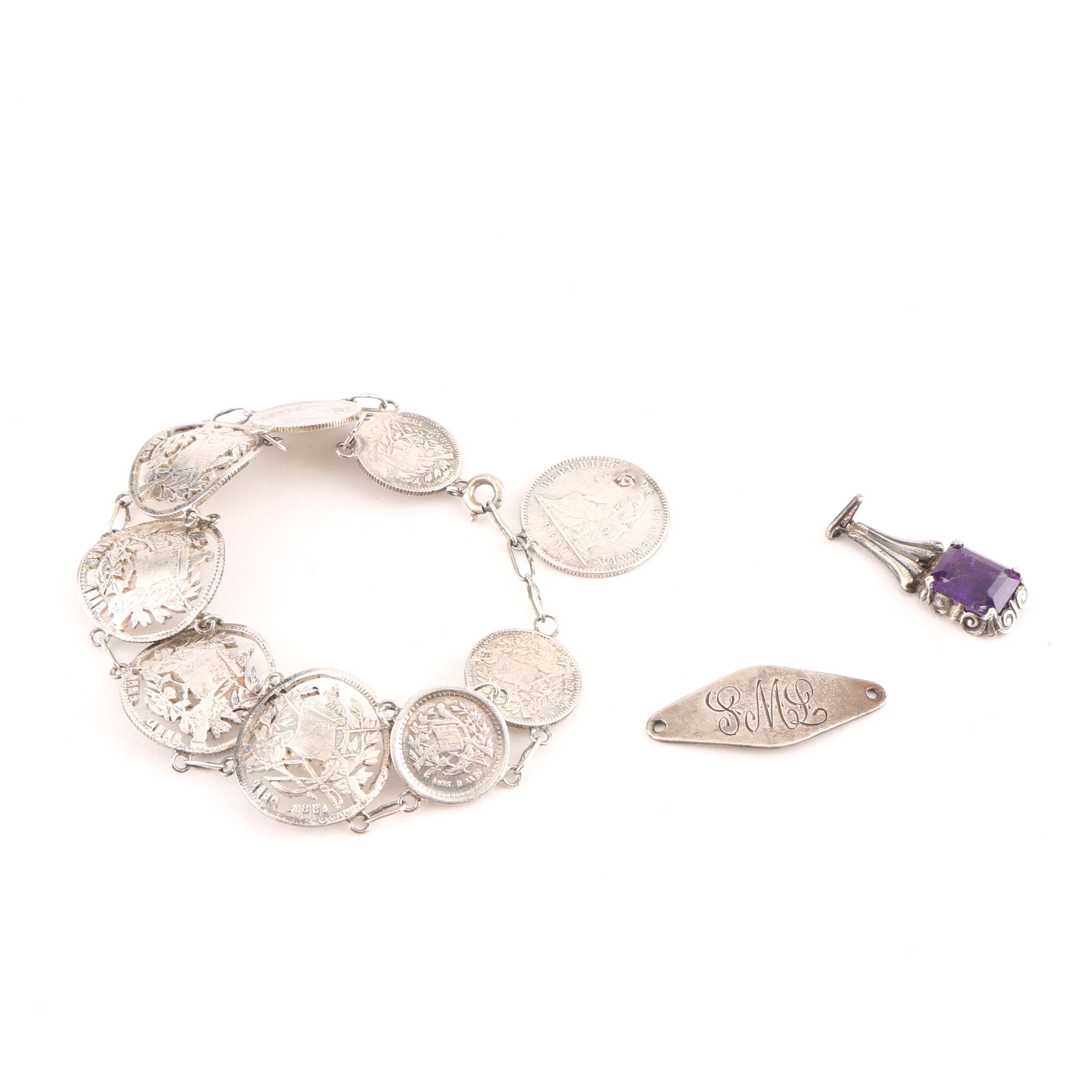 Sterling Silver and 800 Silver Coin Bracelet with Pendant and Name Plate