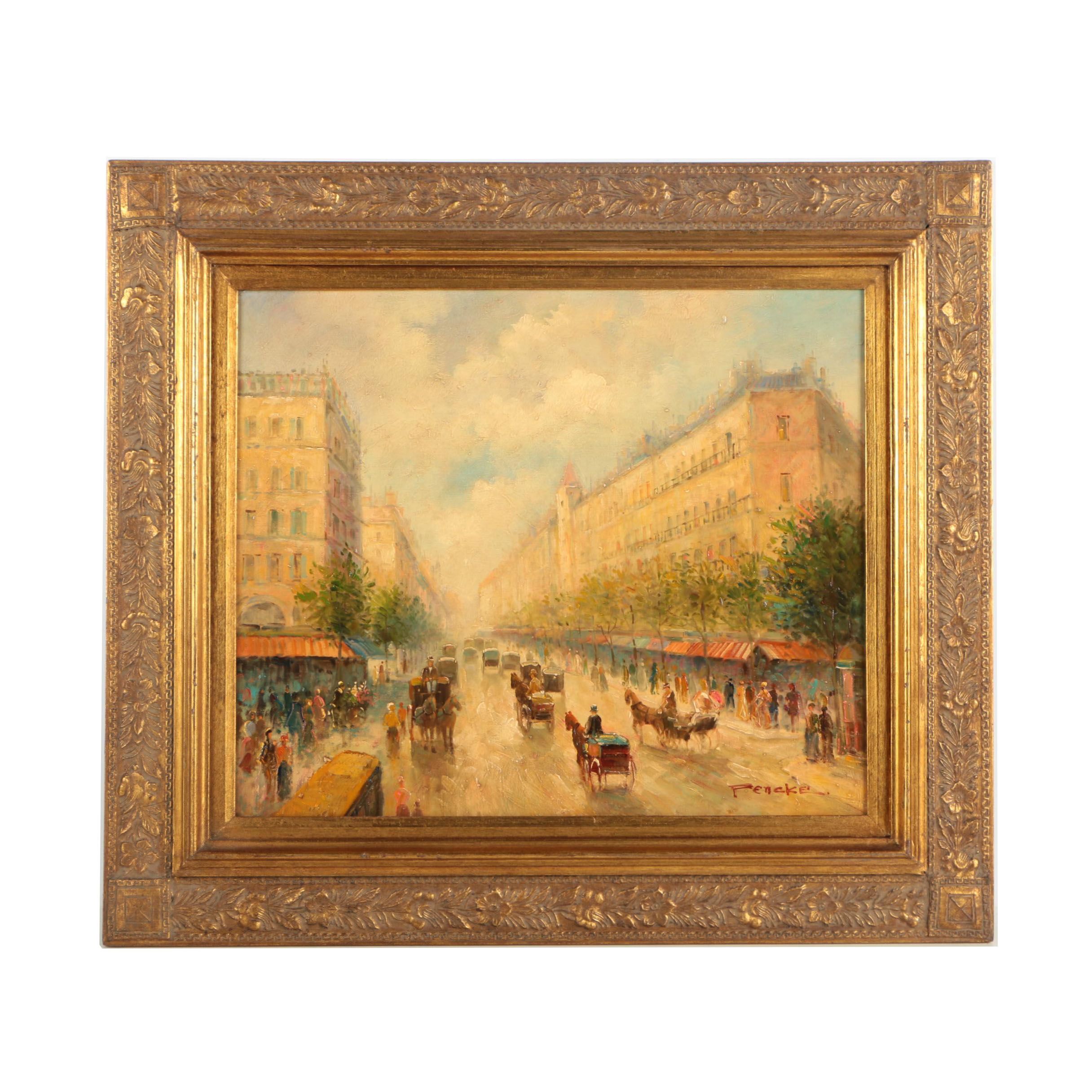 T.E. Pencke Oil Painting of a European Street