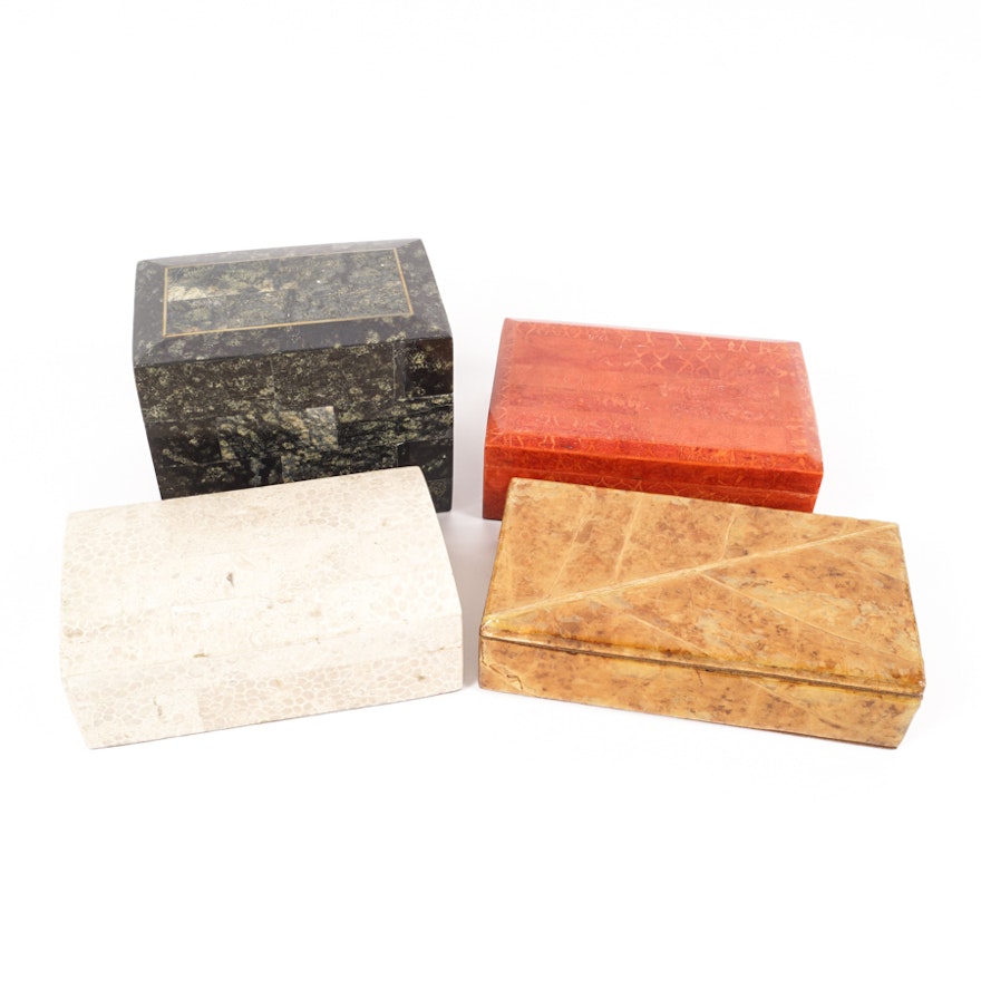 Vintage Stone-Veneered Wooden Trinket Boxes