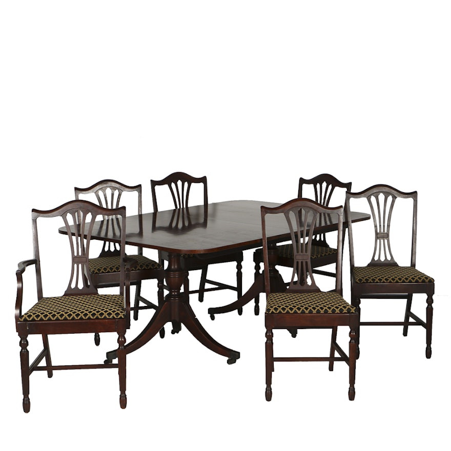 20th Century Mahogany Double Pedestal Dining Table and Six Chairs