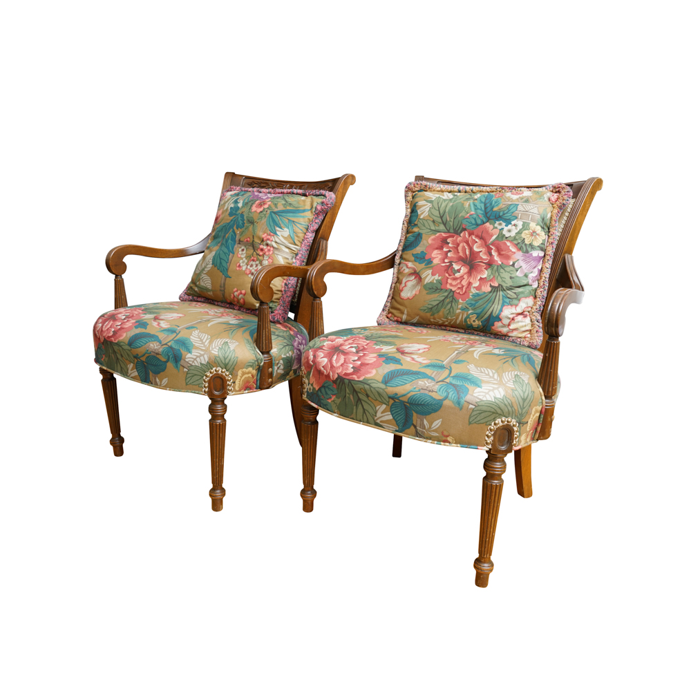 Vintage Louis XVI Style Arm Chairs with Accent Pillows