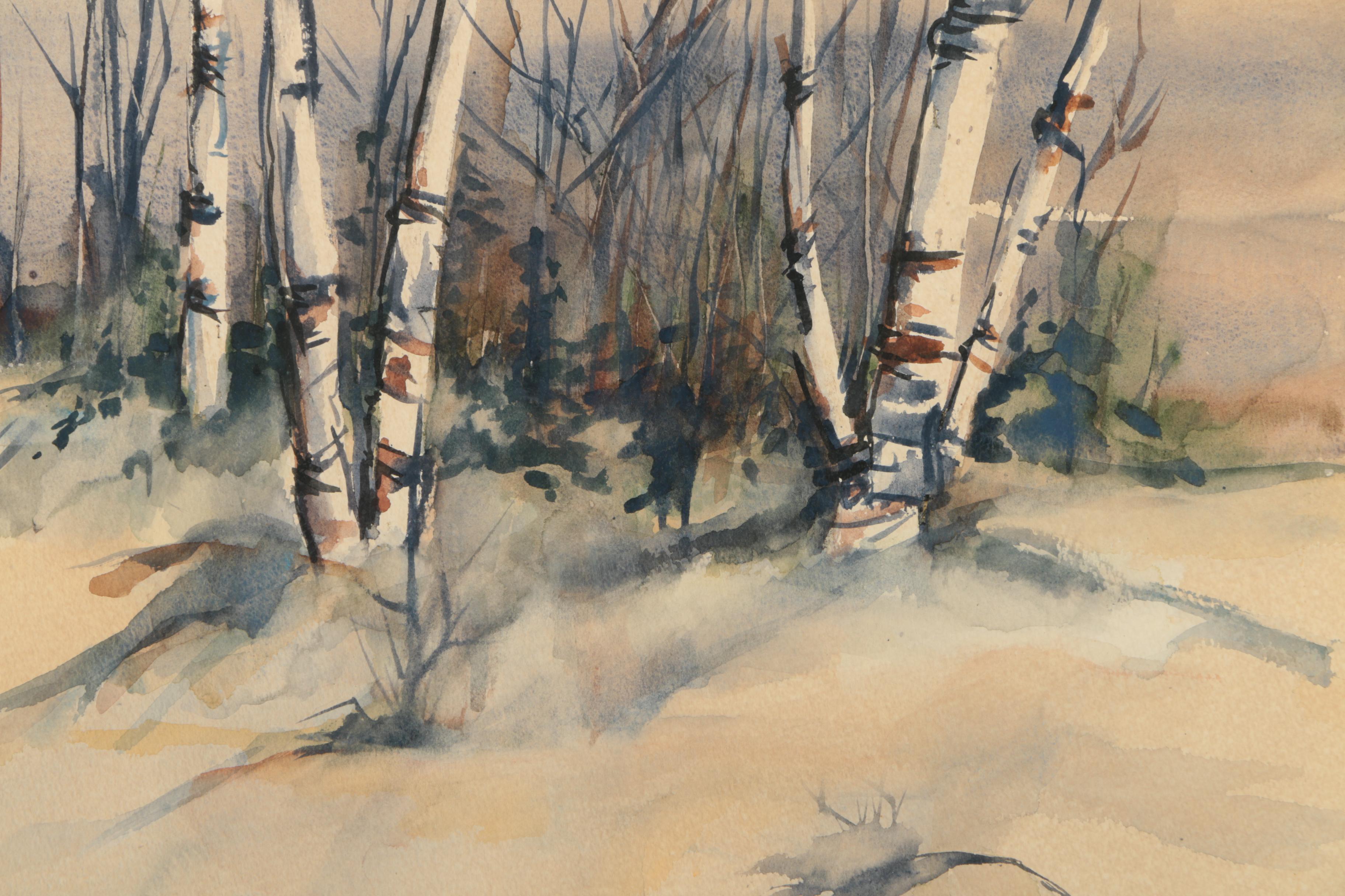 J. Evans Watercolor Painting of Birch Trees