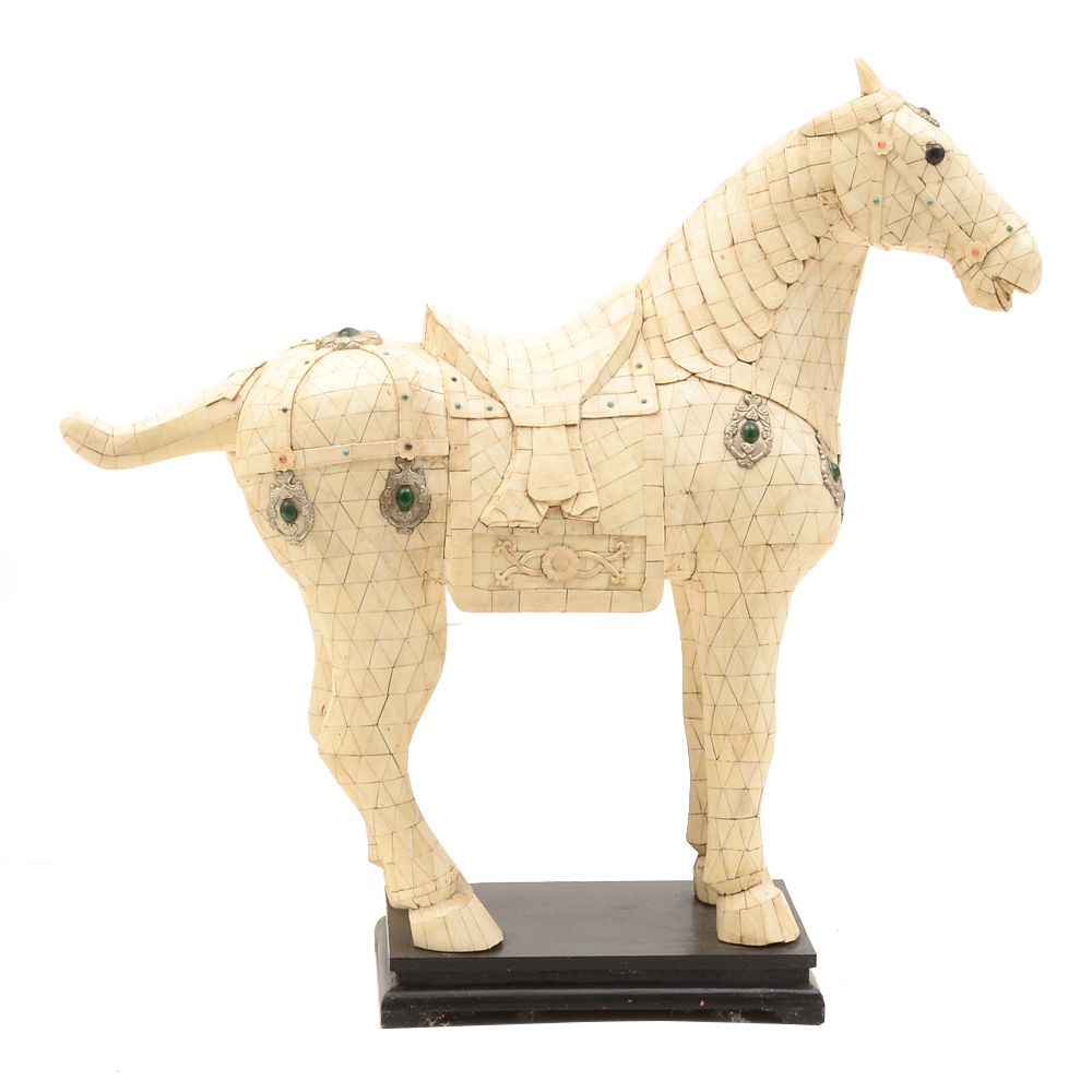 Large Chinese Tessellated Bone Horse Sculpture