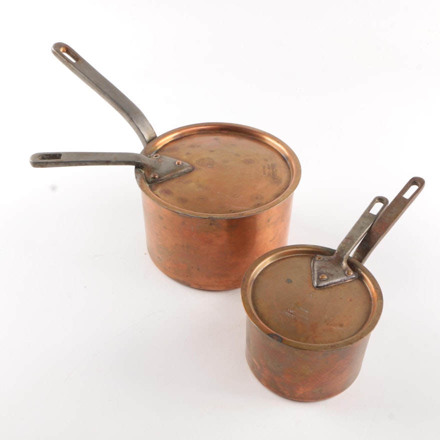 Antique Lewis and Conger "12" and "17" Lidded Copper Pots