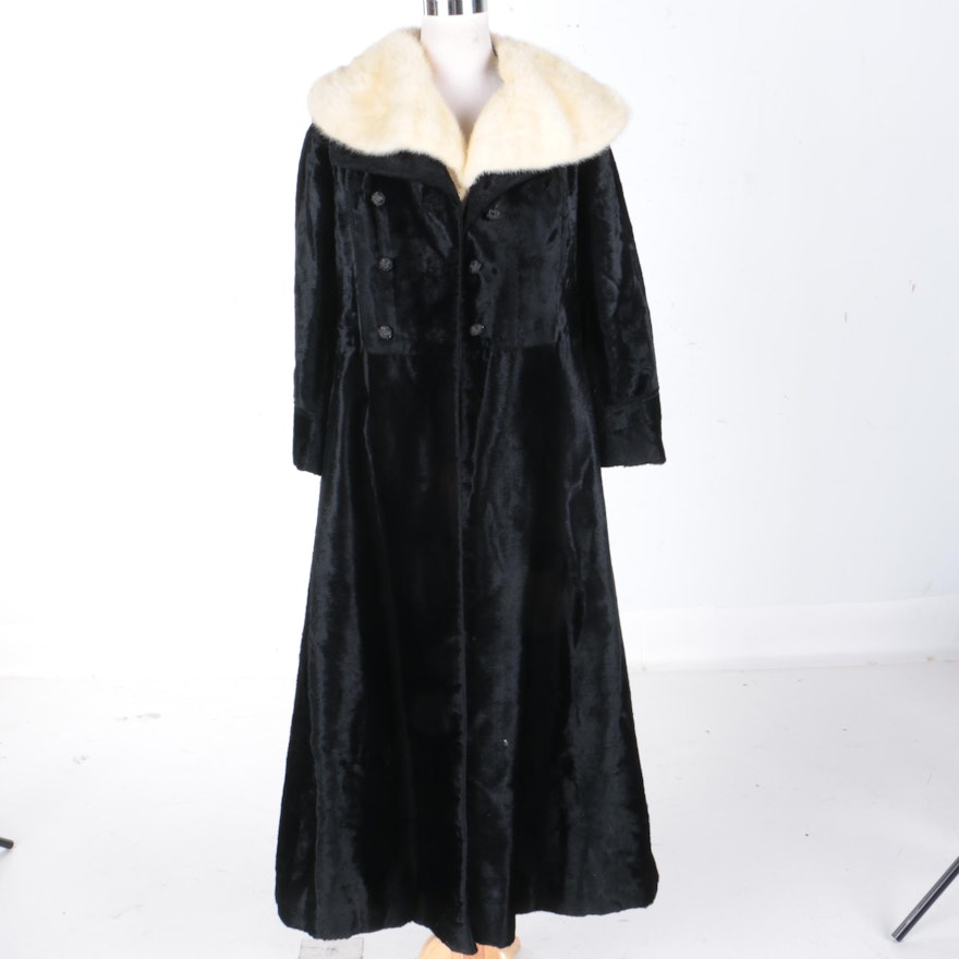 Women's Vintage Kamchatka Black Faux Fur Coat with Cream Mink Collar