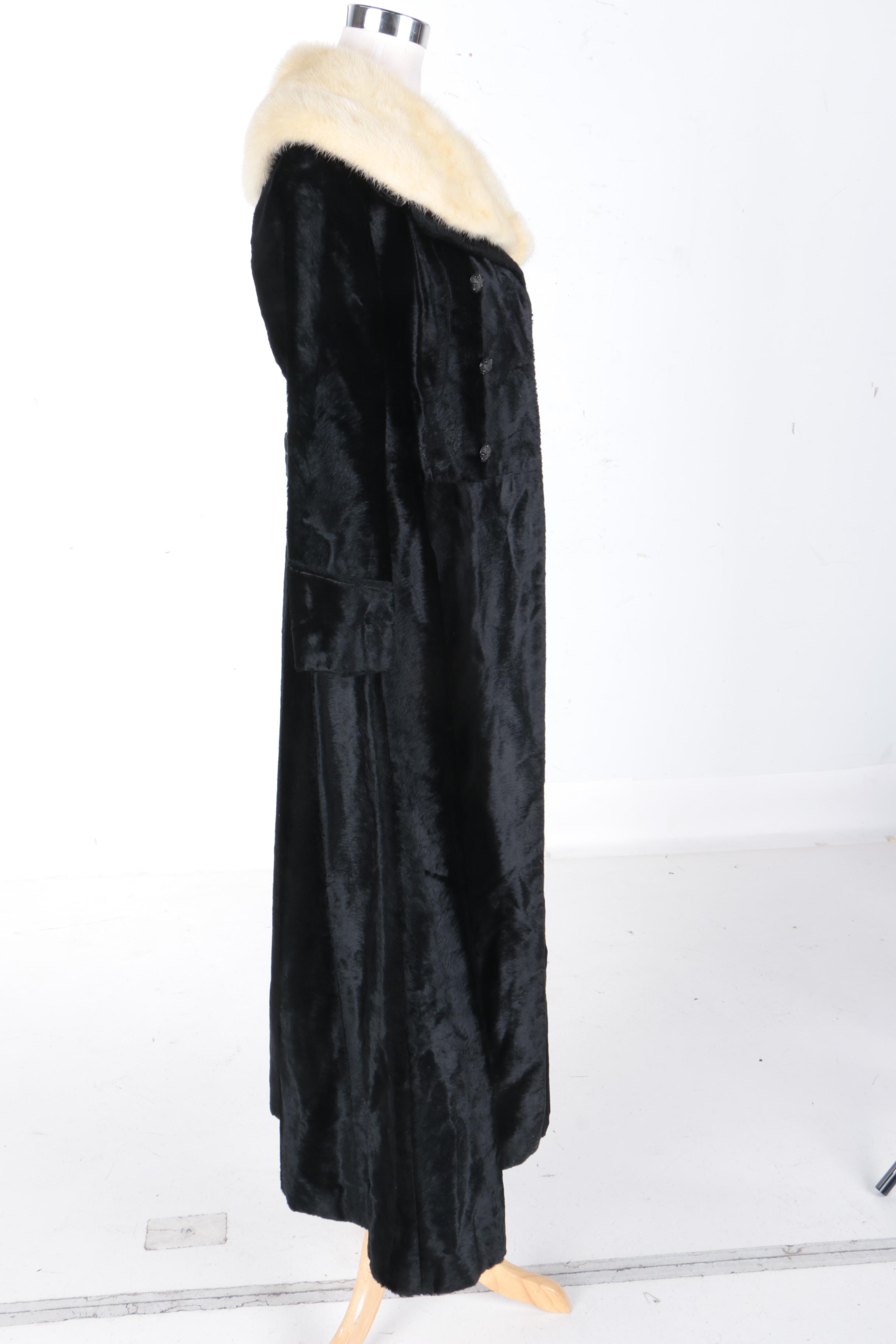 Women's Vintage Kamchatka Black Faux Fur Coat with Cream Mink Collar