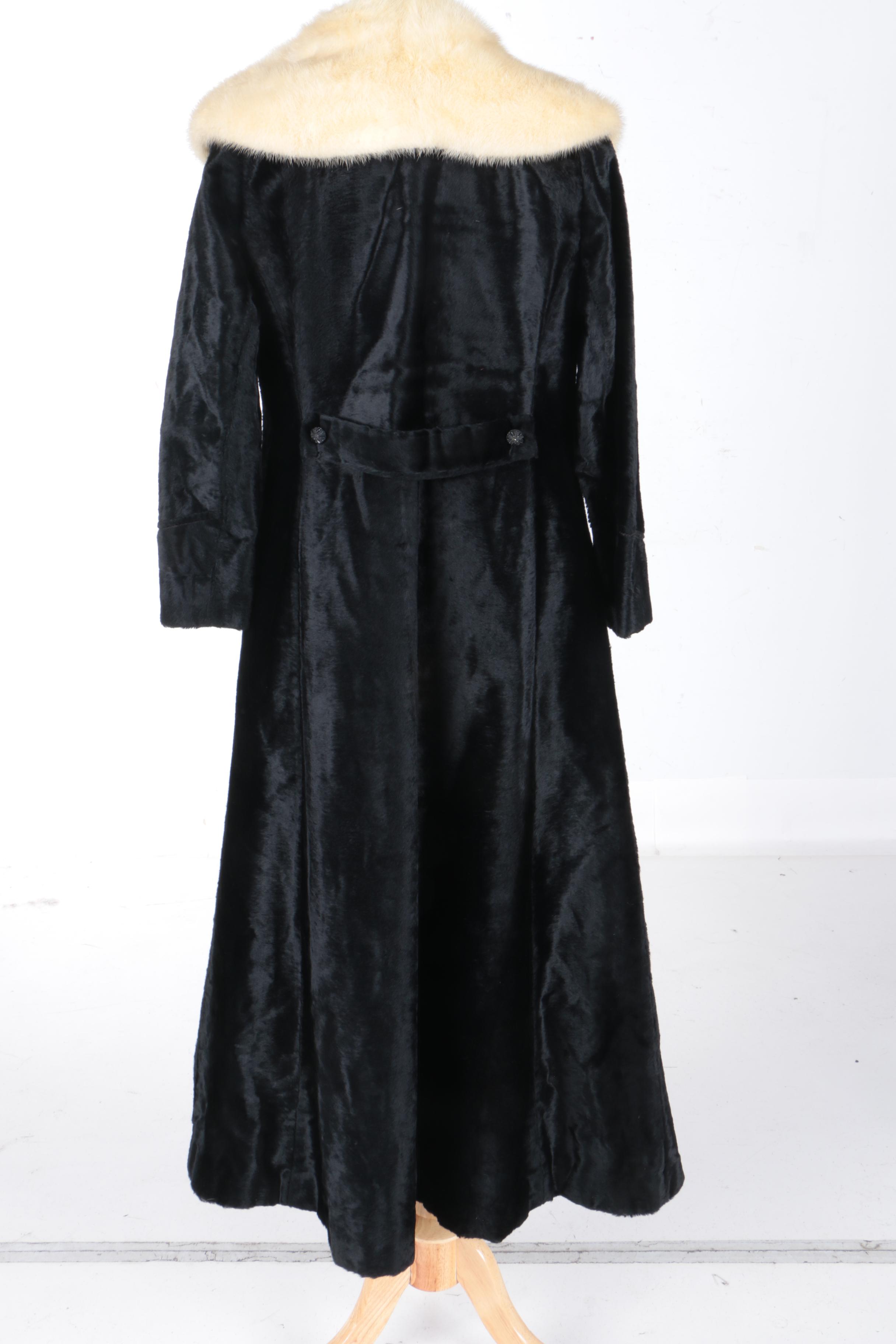 Women's Vintage Kamchatka Black Faux Fur Coat with Cream Mink Collar