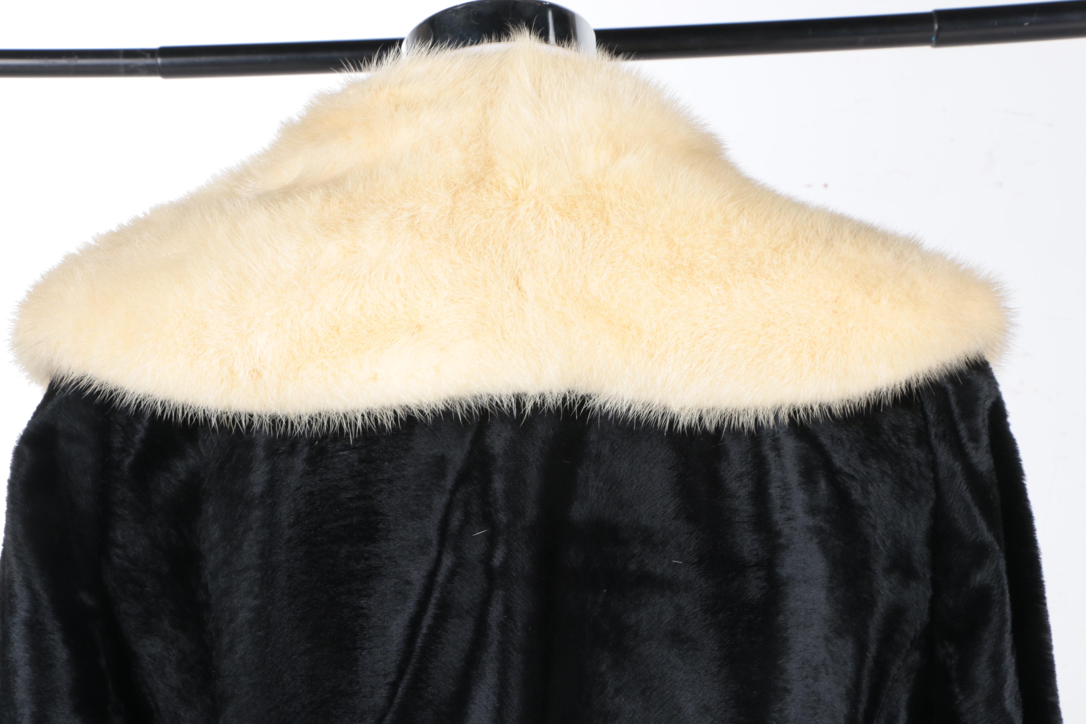 Women's Vintage Kamchatka Black Faux Fur Coat with Cream Mink Collar