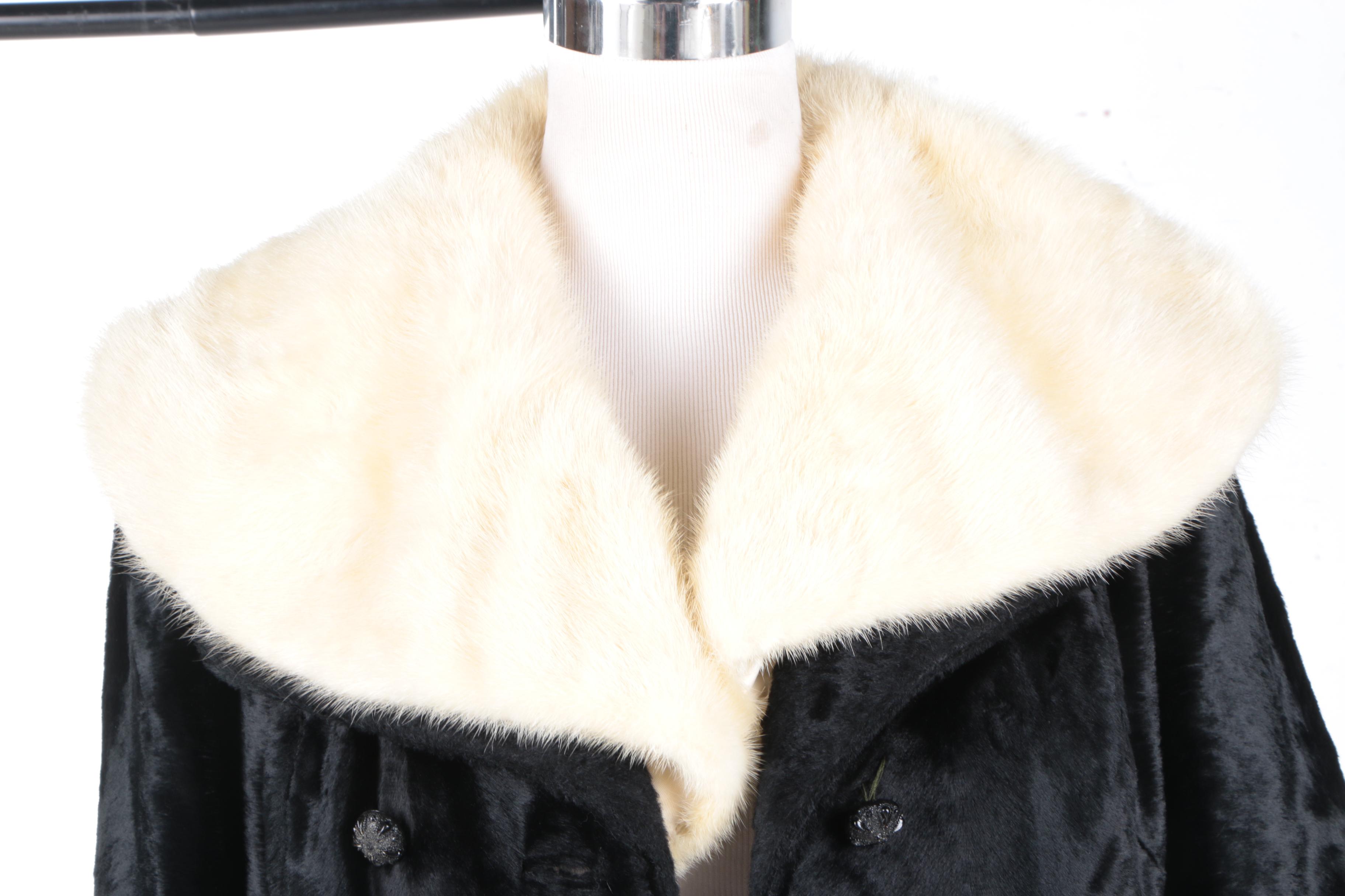 Women's Vintage Kamchatka Black Faux Fur Coat with Cream Mink Collar