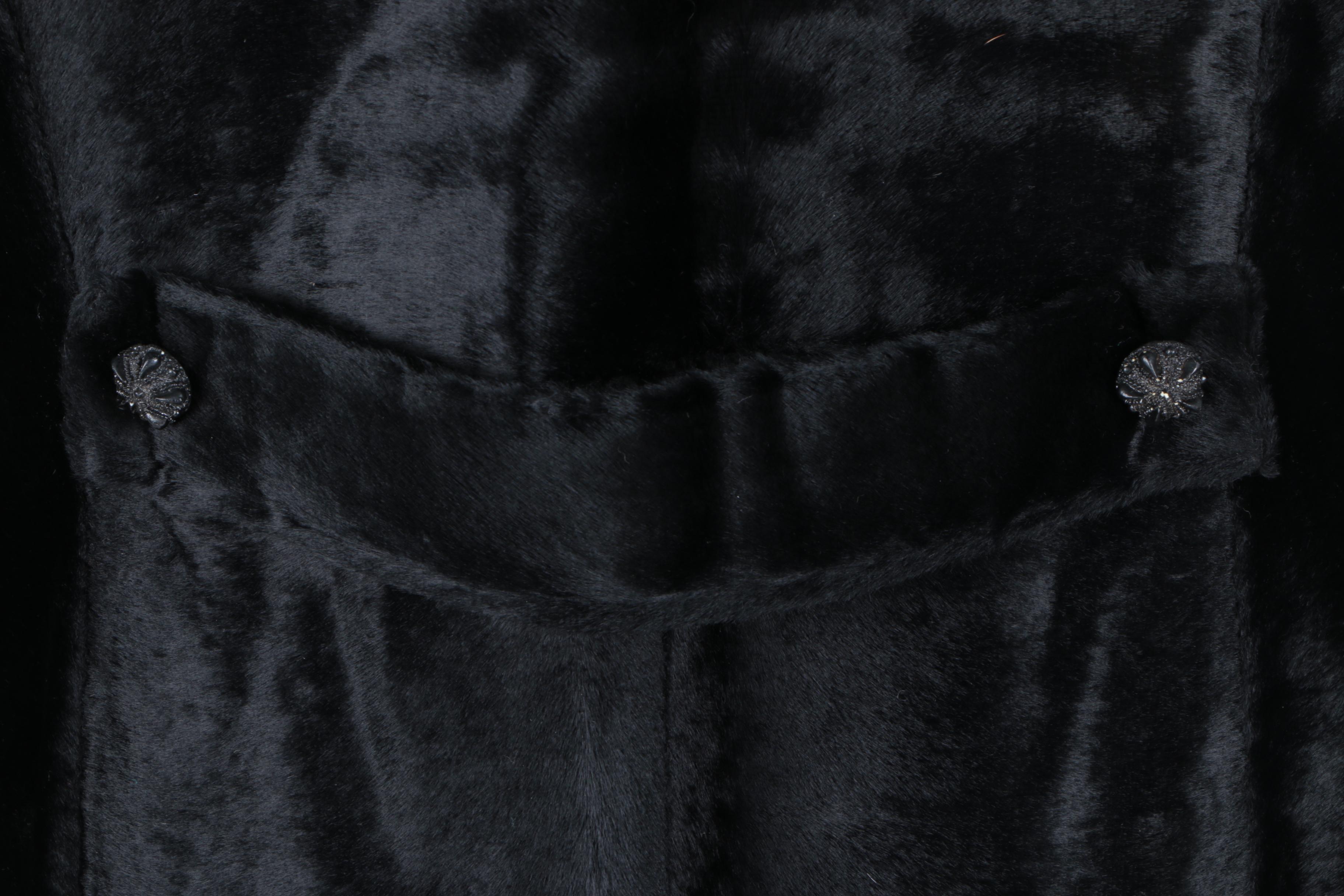 Women's Vintage Kamchatka Black Faux Fur Coat with Cream Mink Collar