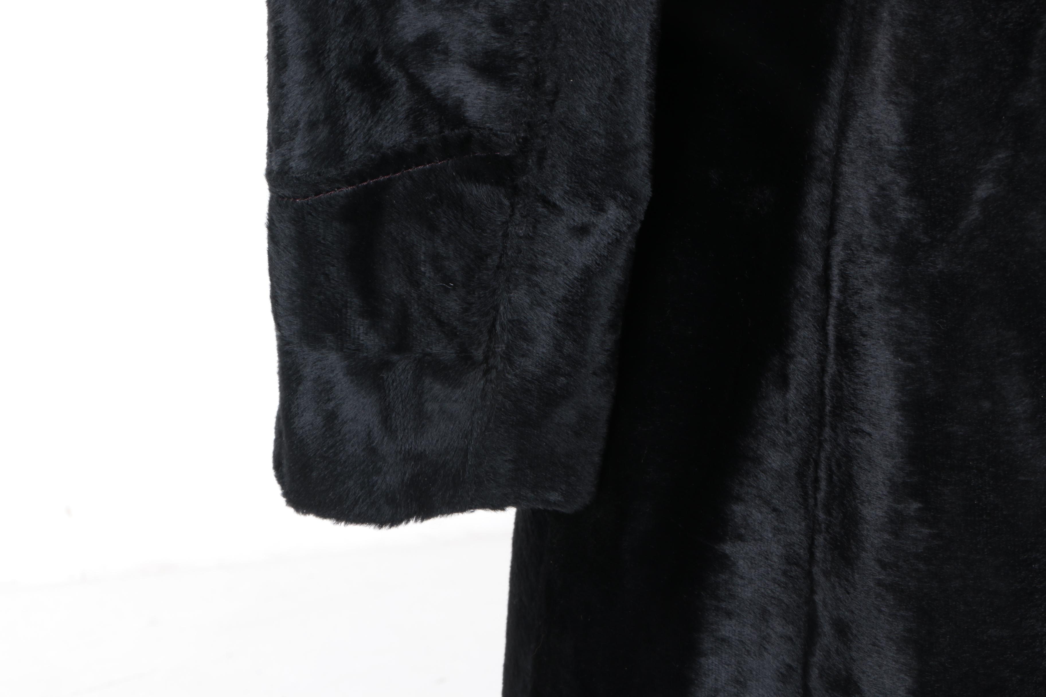 Women's Vintage Kamchatka Black Faux Fur Coat with Cream Mink Collar