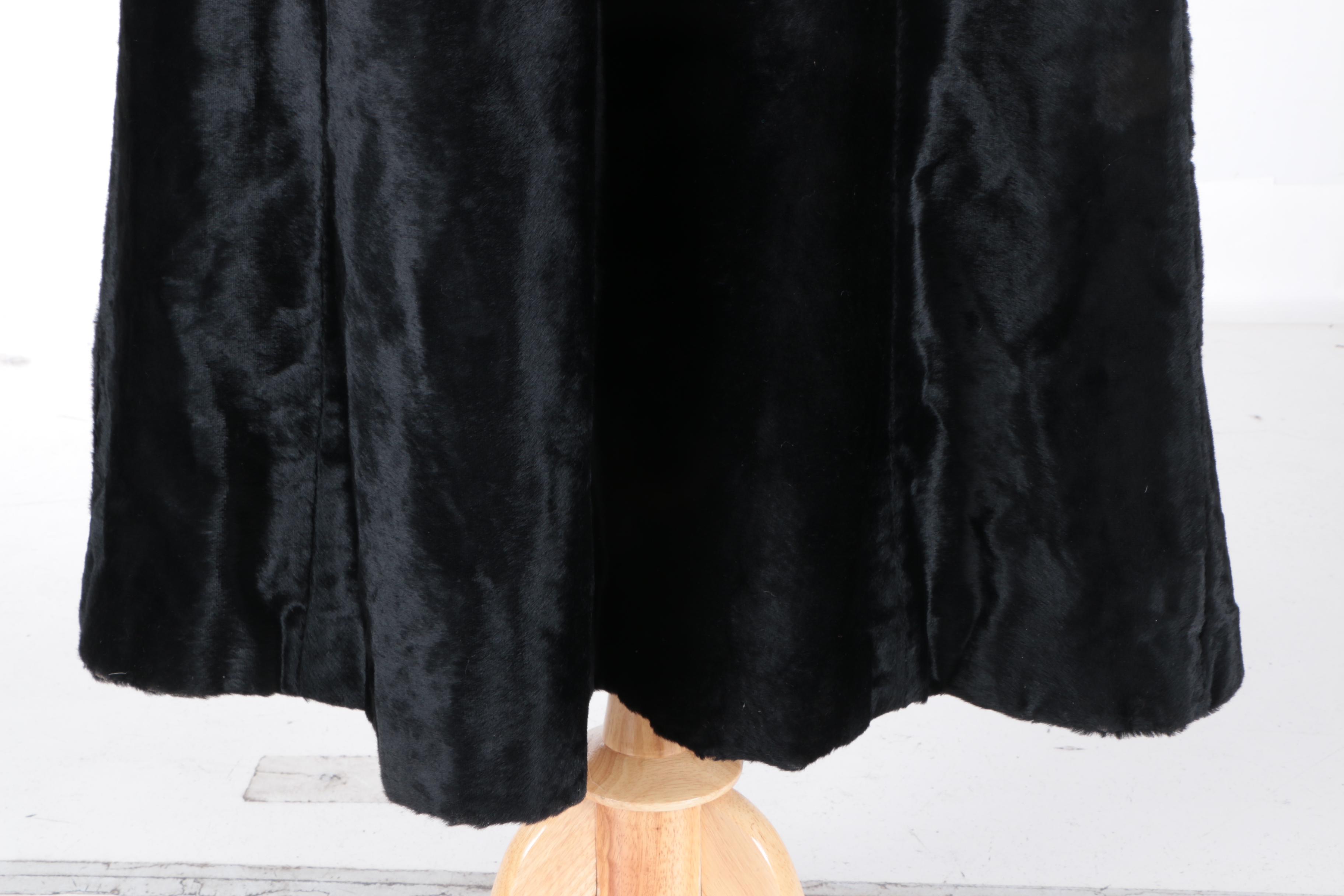 Women's Vintage Kamchatka Black Faux Fur Coat with Cream Mink Collar