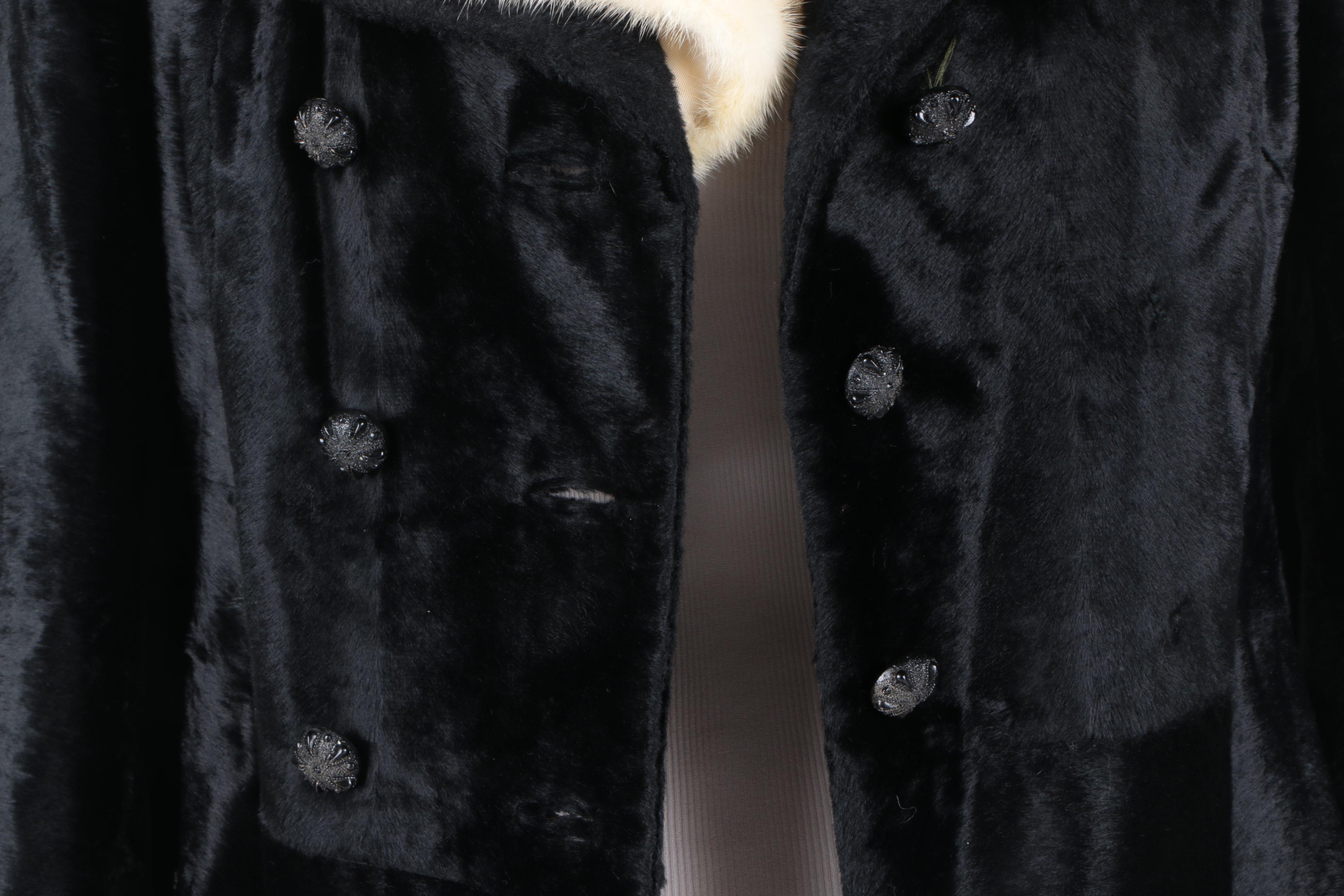 Women's Vintage Kamchatka Black Faux Fur Coat with Cream Mink Collar