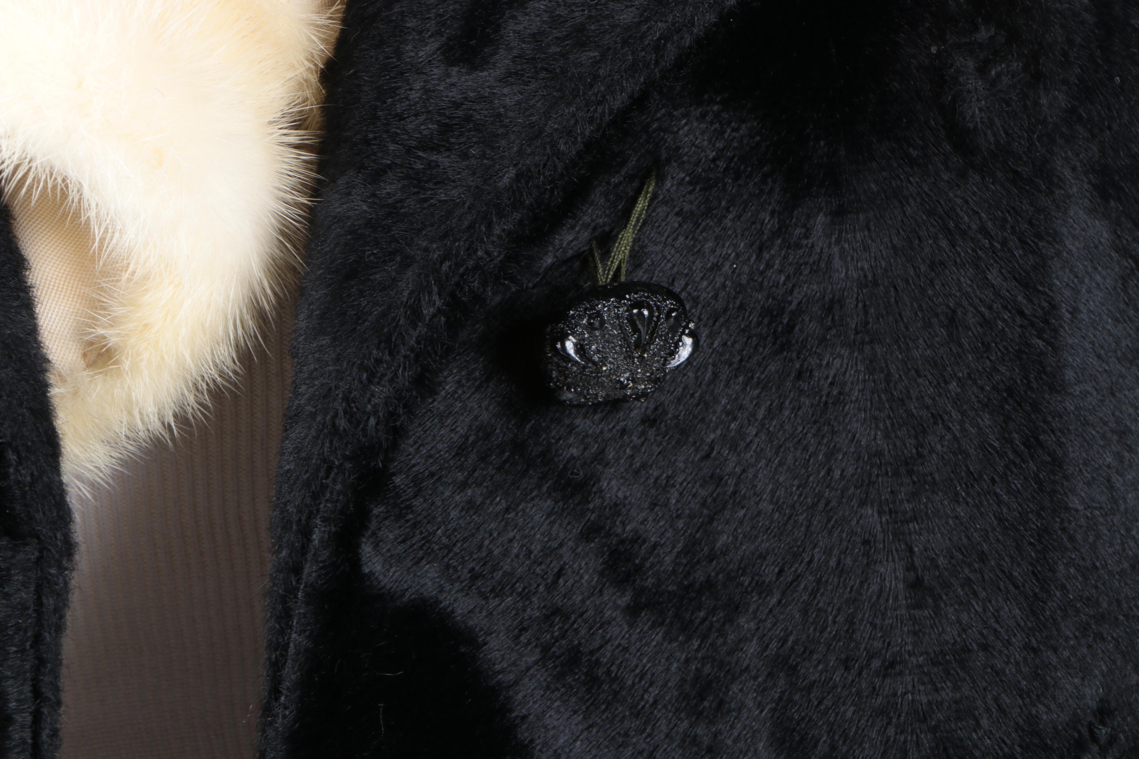 Women's Vintage Kamchatka Black Faux Fur Coat with Cream Mink Collar