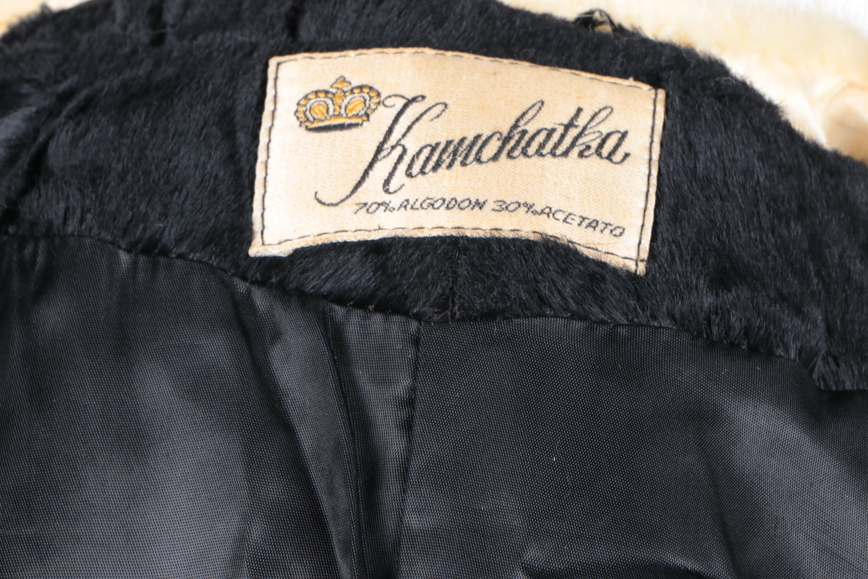 Women's Vintage Kamchatka Black Faux Fur Coat with Cream Mink Collar