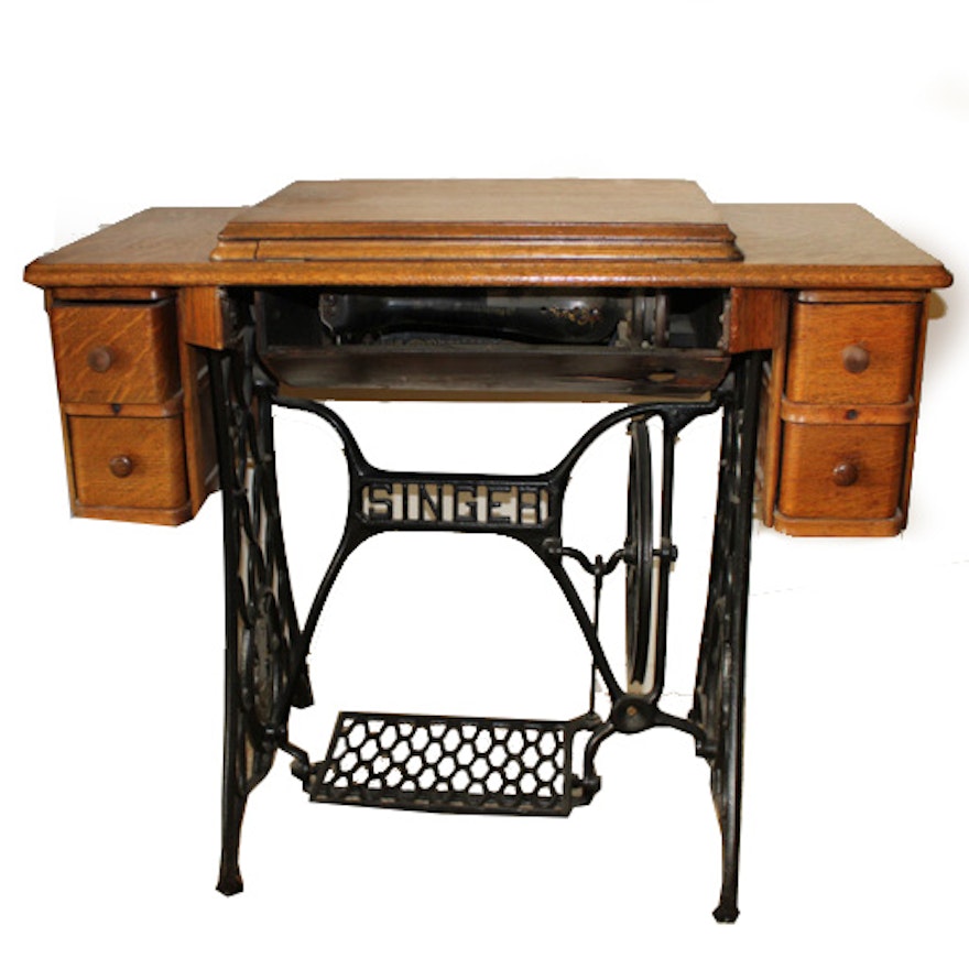 Antique Singer Sewing Machine and Tiger Oak Table