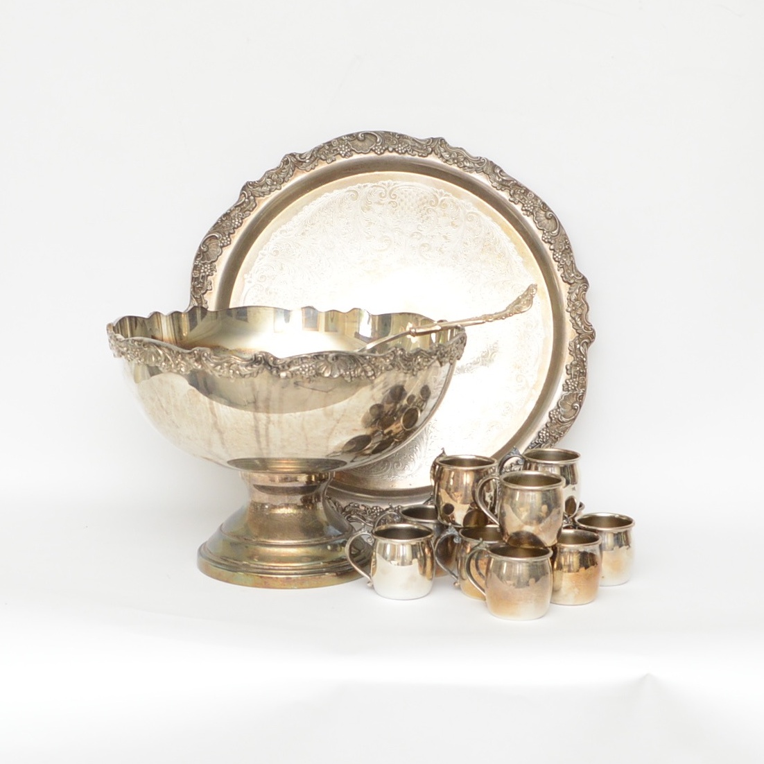 F. B. Rogers Silver-Plated Punch Bowl with Tray and Twelve Cups